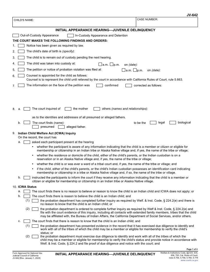 Initial Appearance Hearing-Juvenile Delinquency {JV-642} | Pdf Fpdf Doc Docx | California