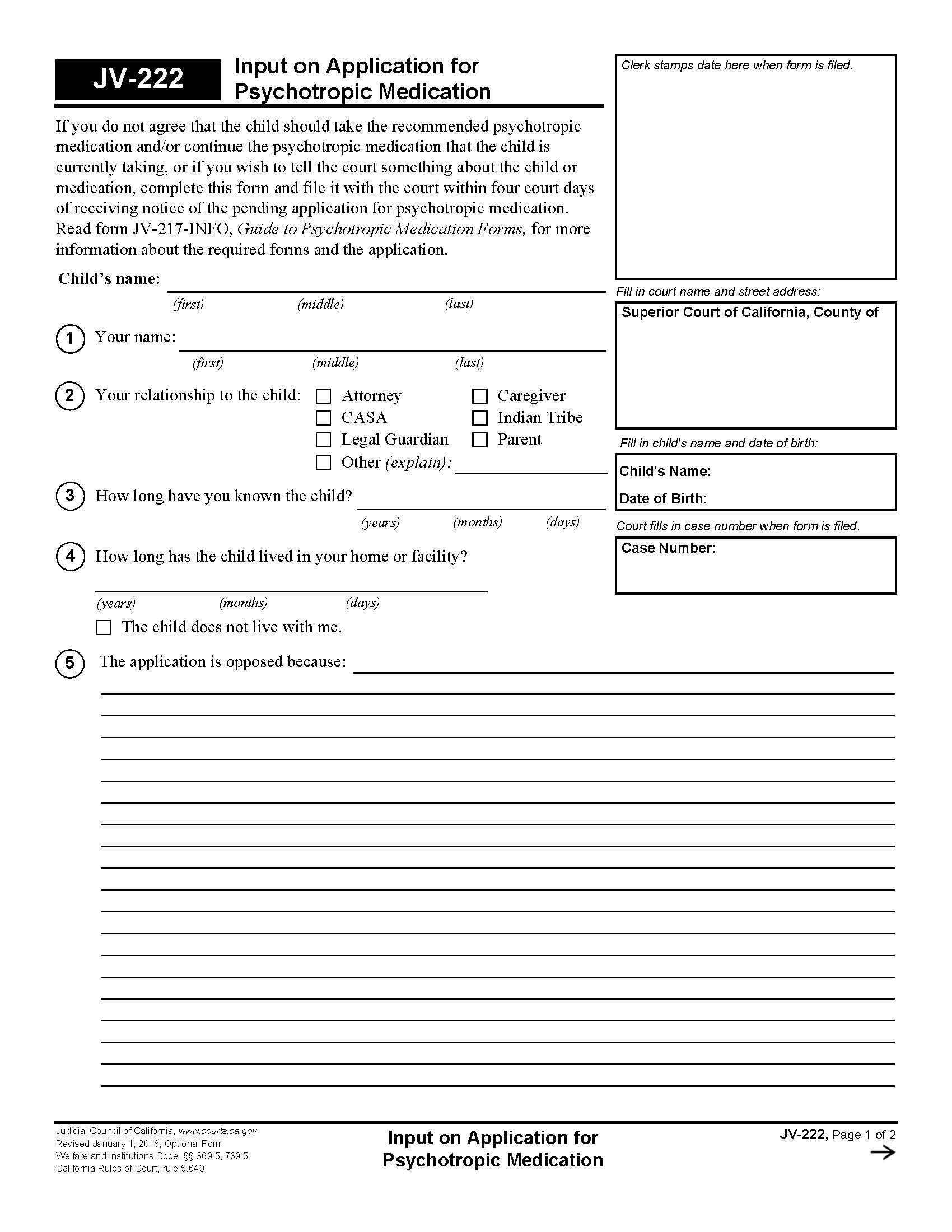 Input On Application For Psychotropic Medication {JV-222} | Pdf Fpdf Docx | California