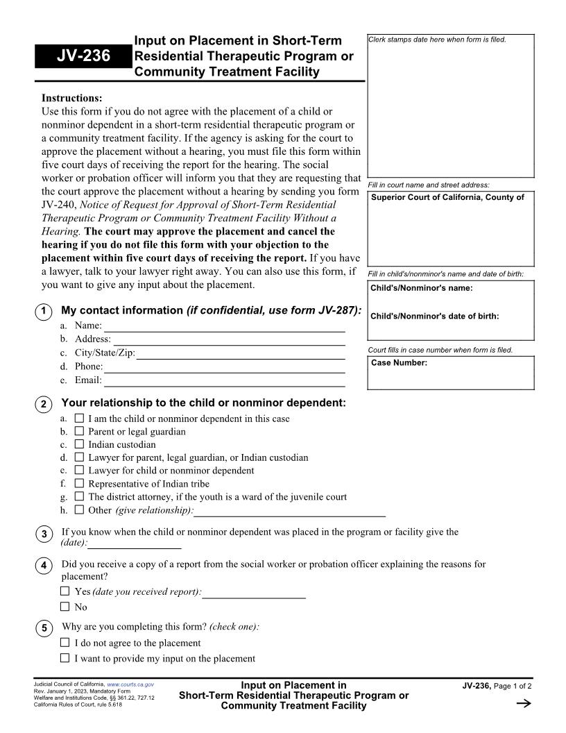 Input On Placement In Short-Term Residential Therapeutic Program {JV-236} | Pdf Fpdf Docx | California