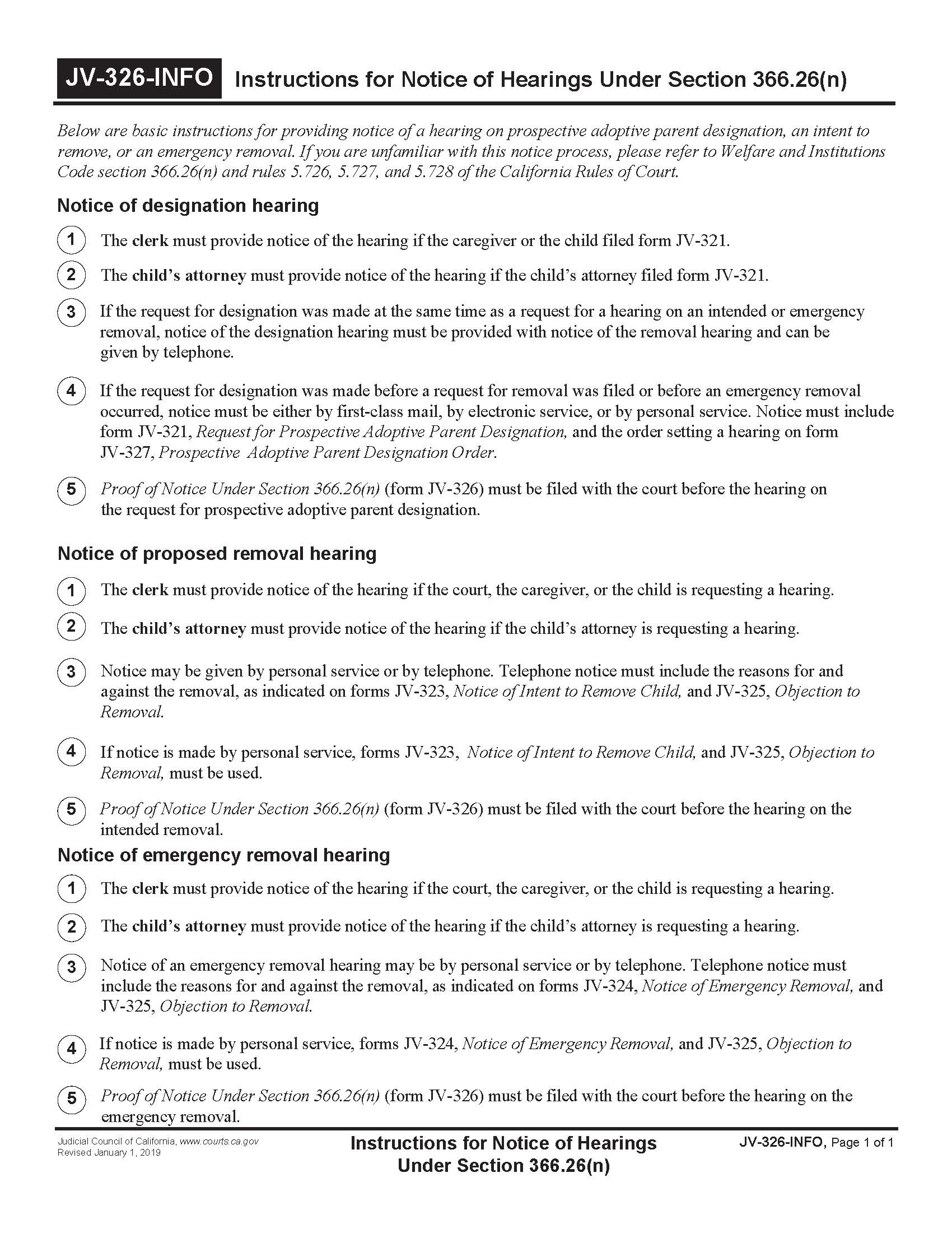 Instructions For Notice Of Prospective Adoptive Parent Hearing {JV-326-INFO} | Pdf Fpdf Docx | California