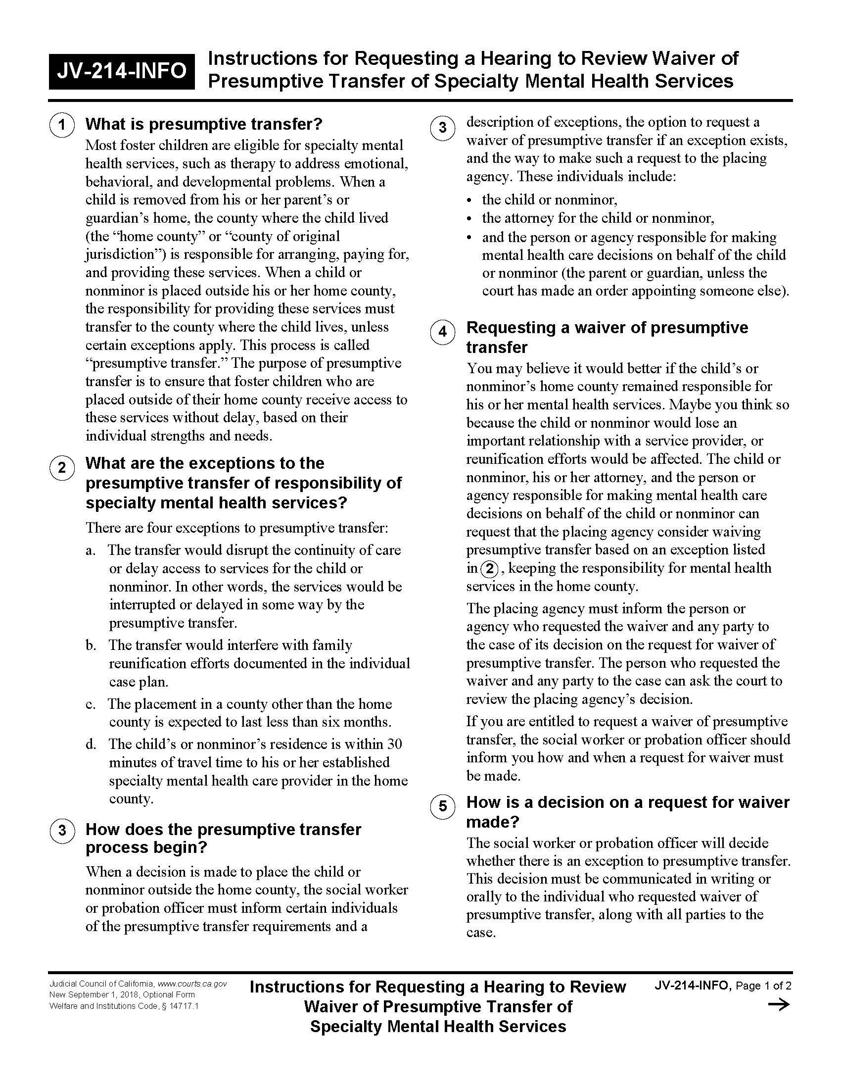 Instructions For Requesting A Hearing To Review Waiver Of Presumptive Transfer {JV-214-INFO} | Pdf Fpdf Docx | California