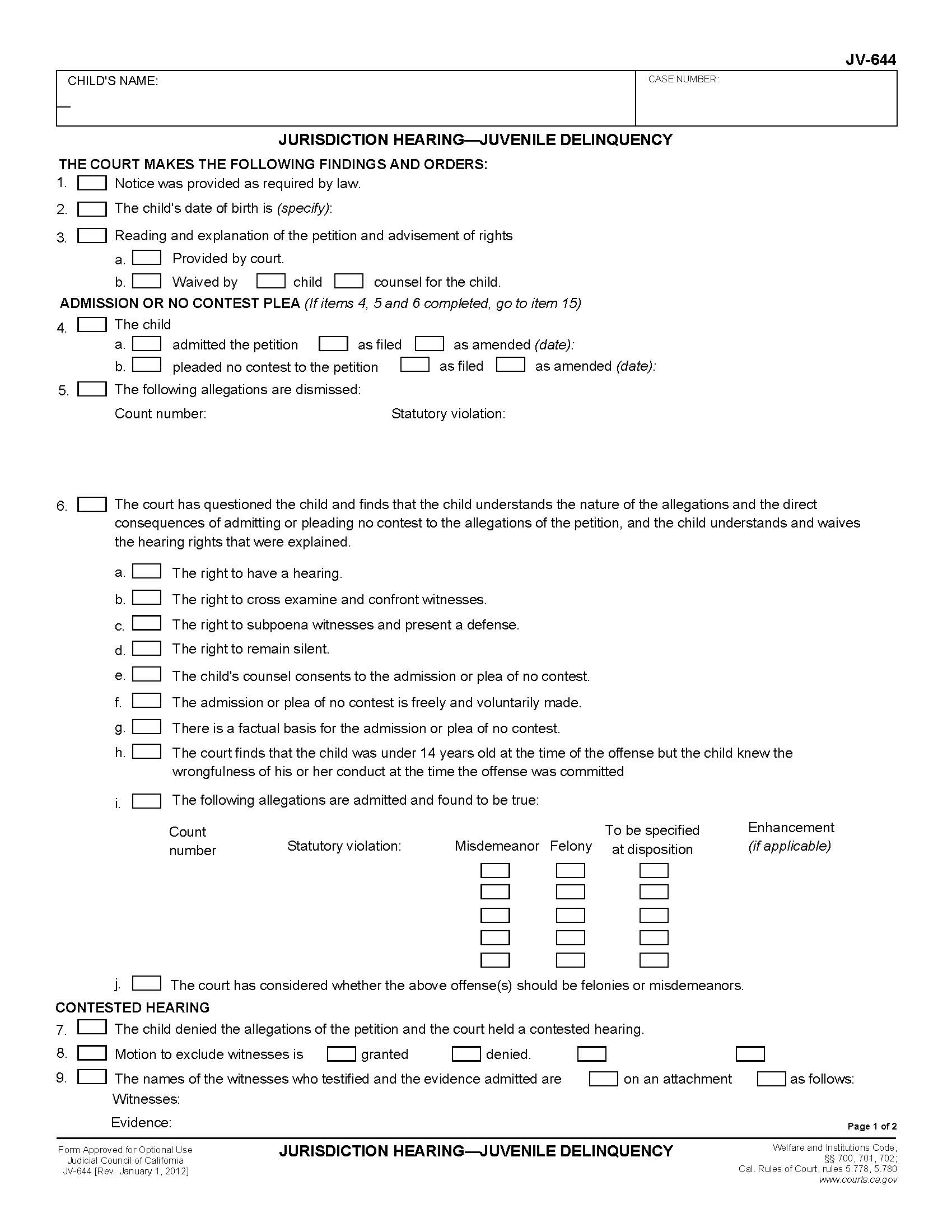 Jurisdiction Hearing-Juvenile Delinquency {JV-644} | Pdf Fpdf Doc Docx | California