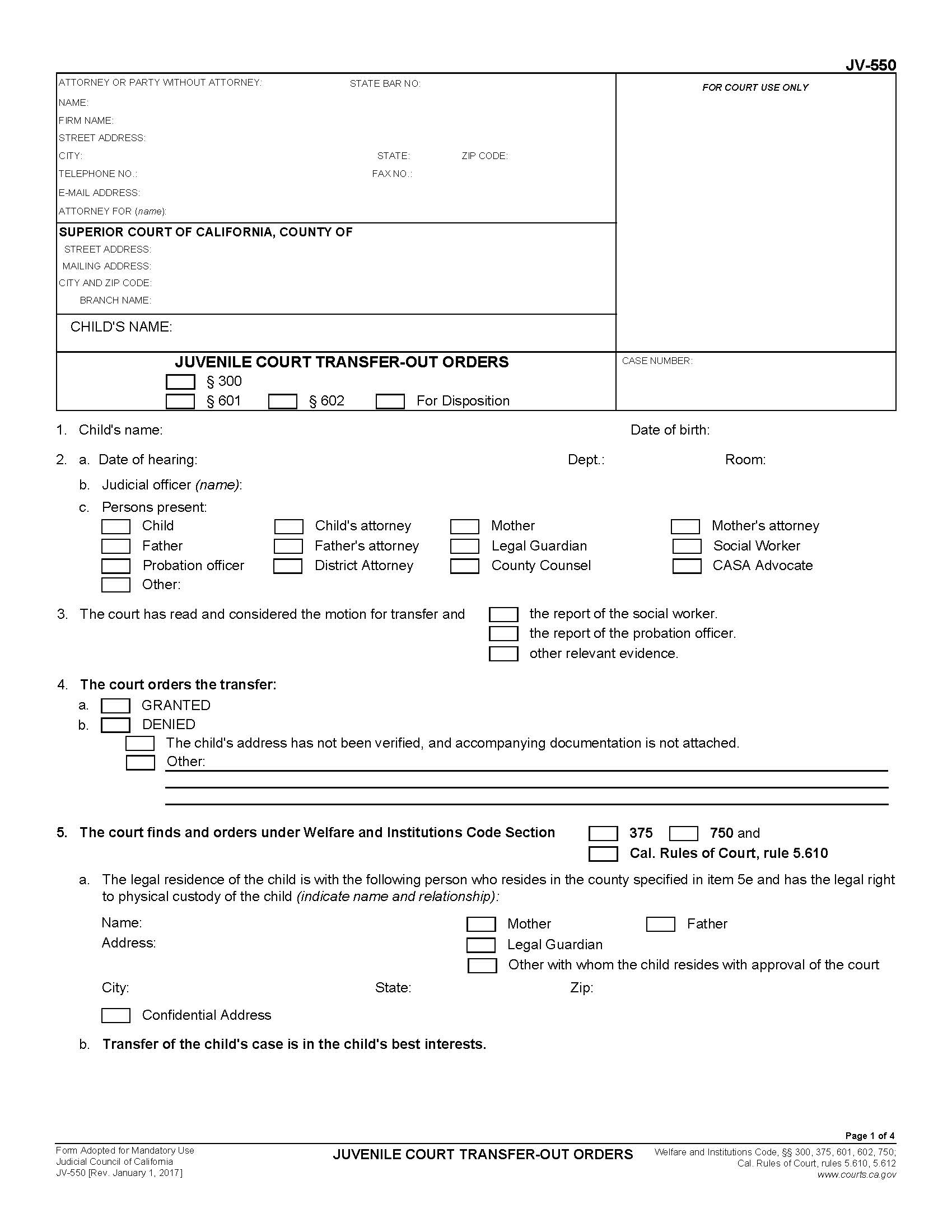 Juvenile Court Transfer-Out Orders {JV-550} | Pdf Fpdf Doc Docx | California