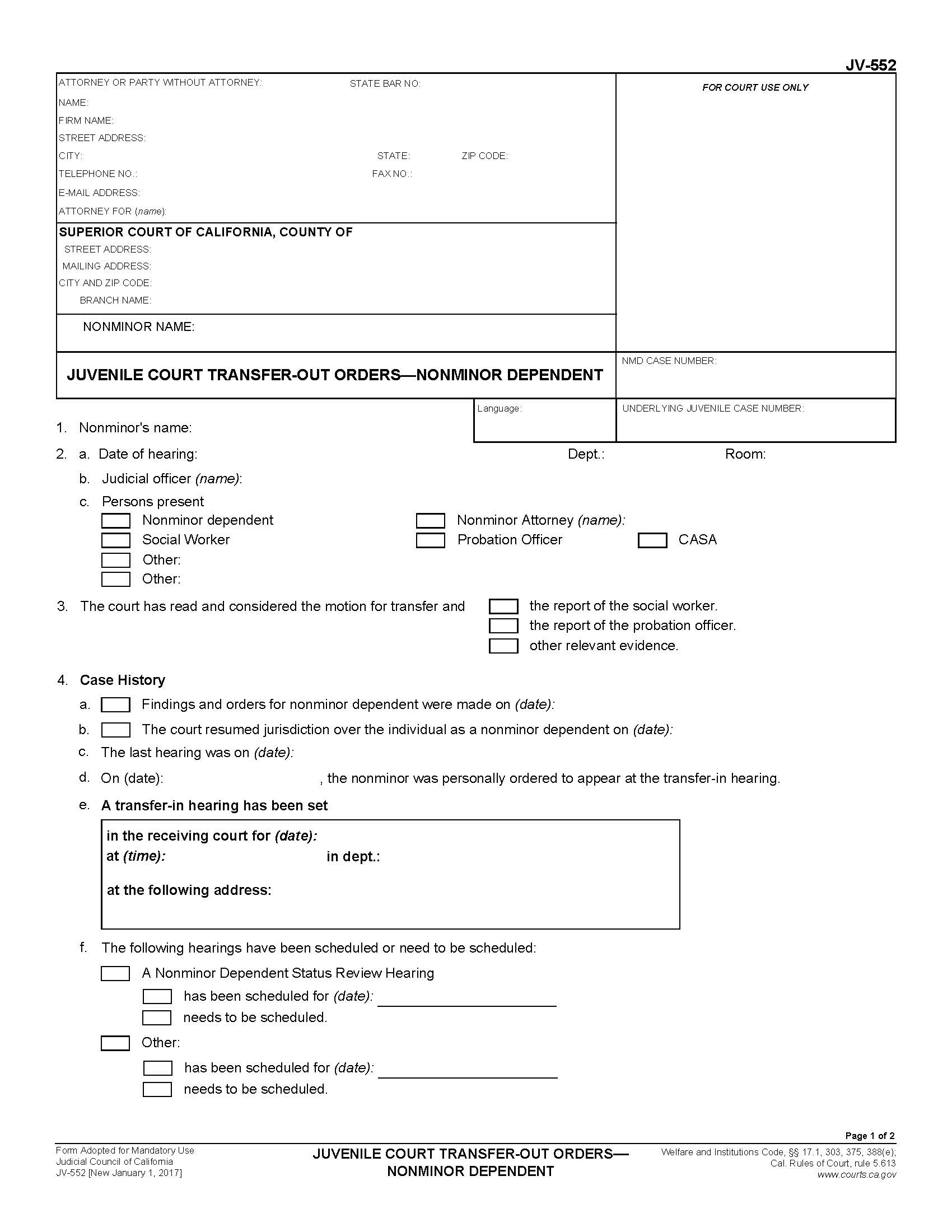 Juvenile Court Transfer-Out-Orders-Nonminor Dependent {JV-552} | Pdf Fpdf Doc Docx | California