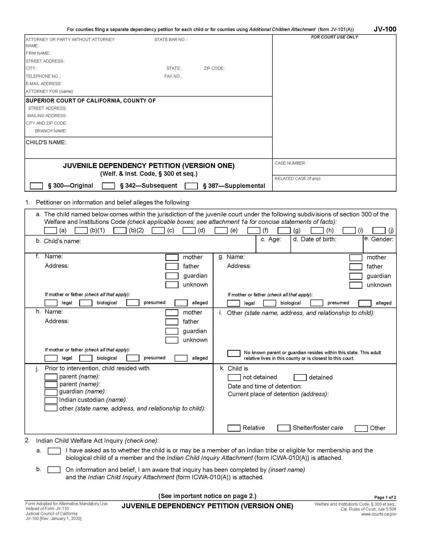 Juvenile Dependency Petition (Version One) {JV-100} | Pdf Fpdf Doc Docx | California