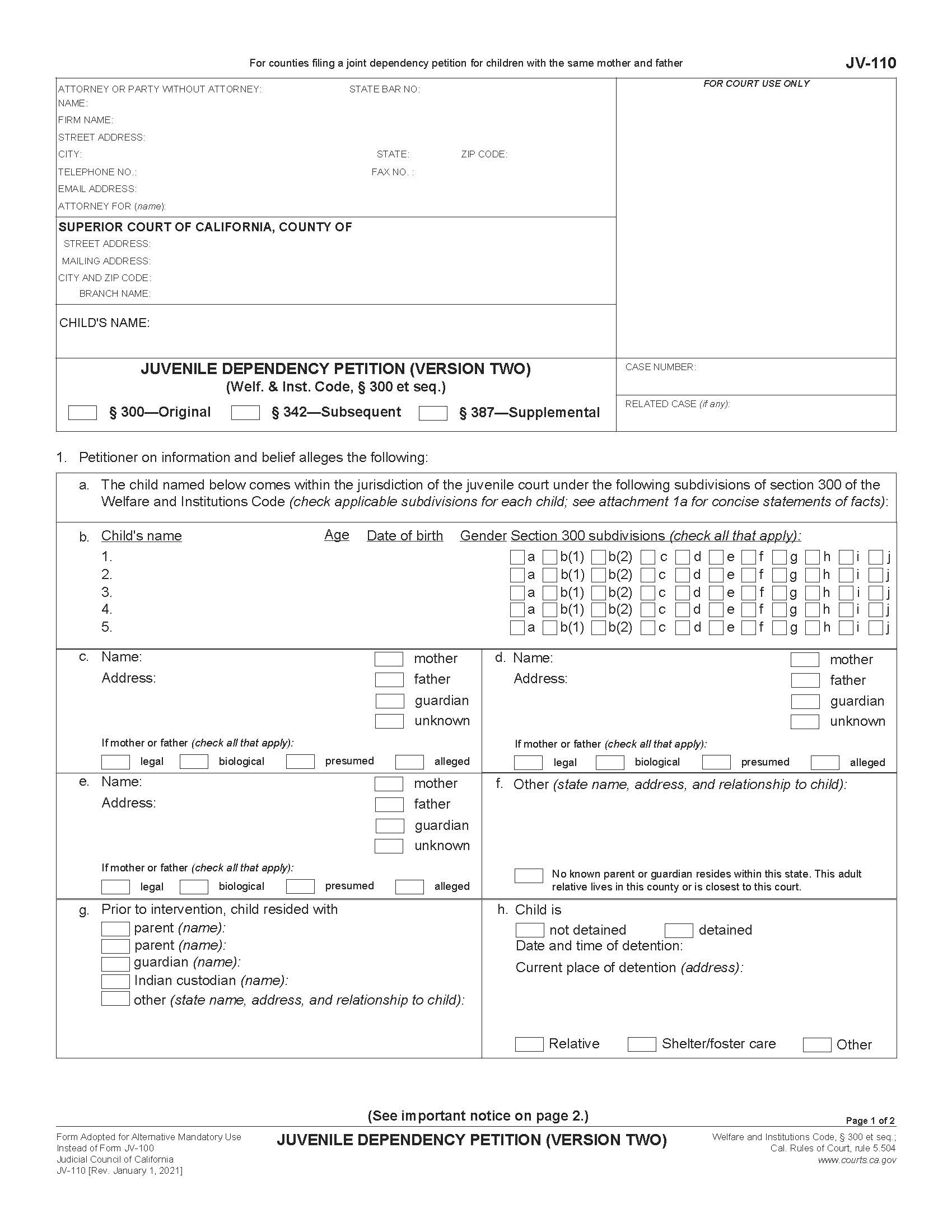 Juvenile Dependency Petition (Version Two) {JV-110} | Pdf Fpdf Doc Docx | California