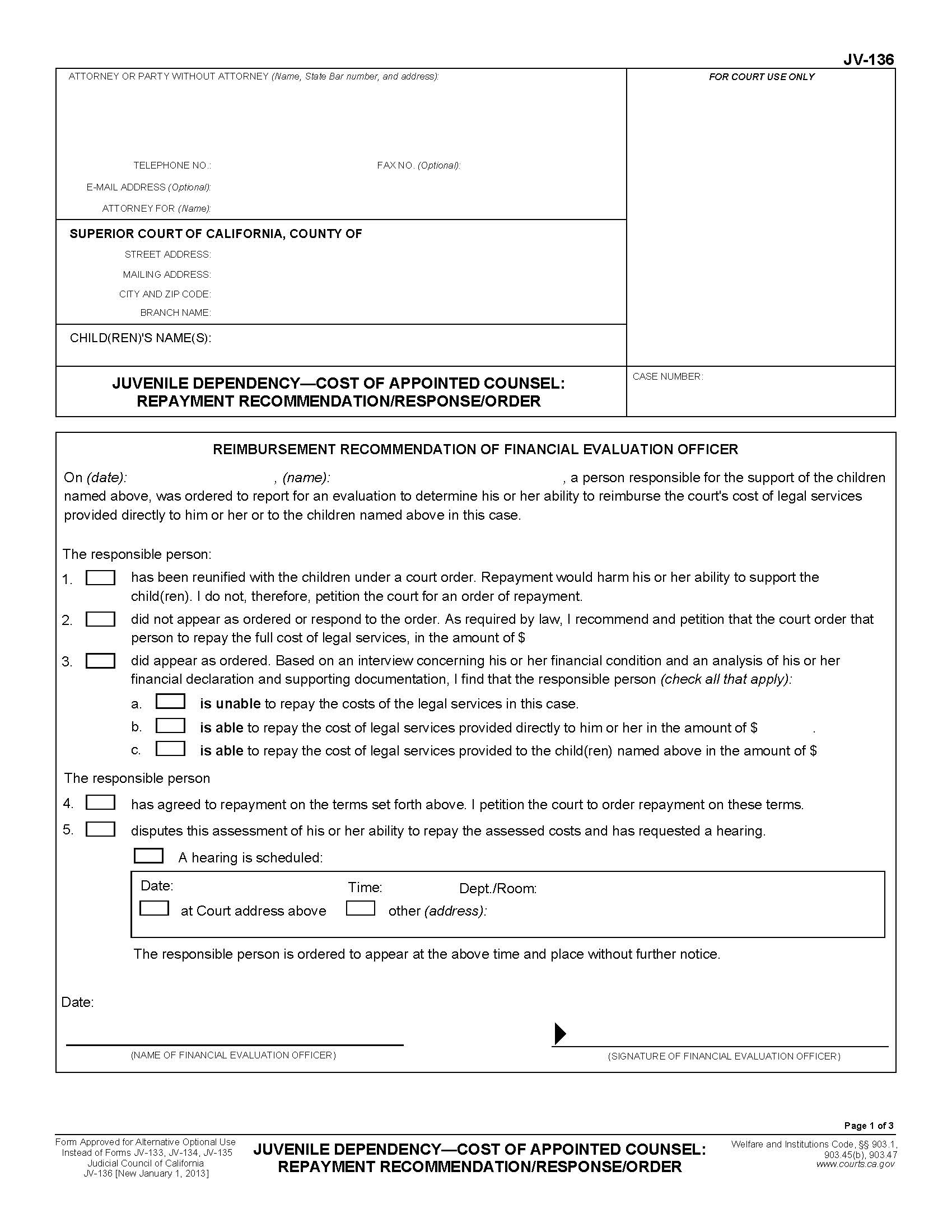 Juvenile Dependency-Cost Of Appointed Counsel-Repayment-Recommendation-Response-Order {JV-136} | Pdf Fpdf Doc Docx | California