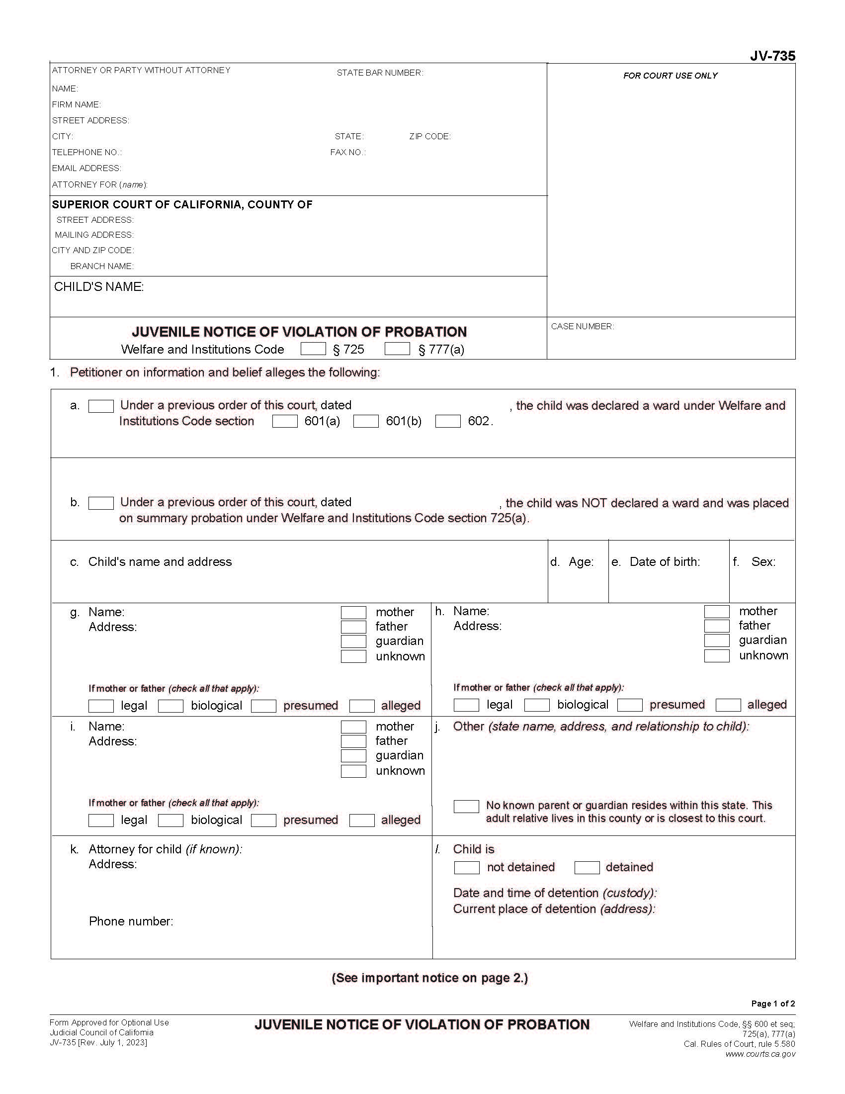 Juvenile Notice Of Violation Of Probation {JV-735} | Pdf Fpdf Doc Docx | California