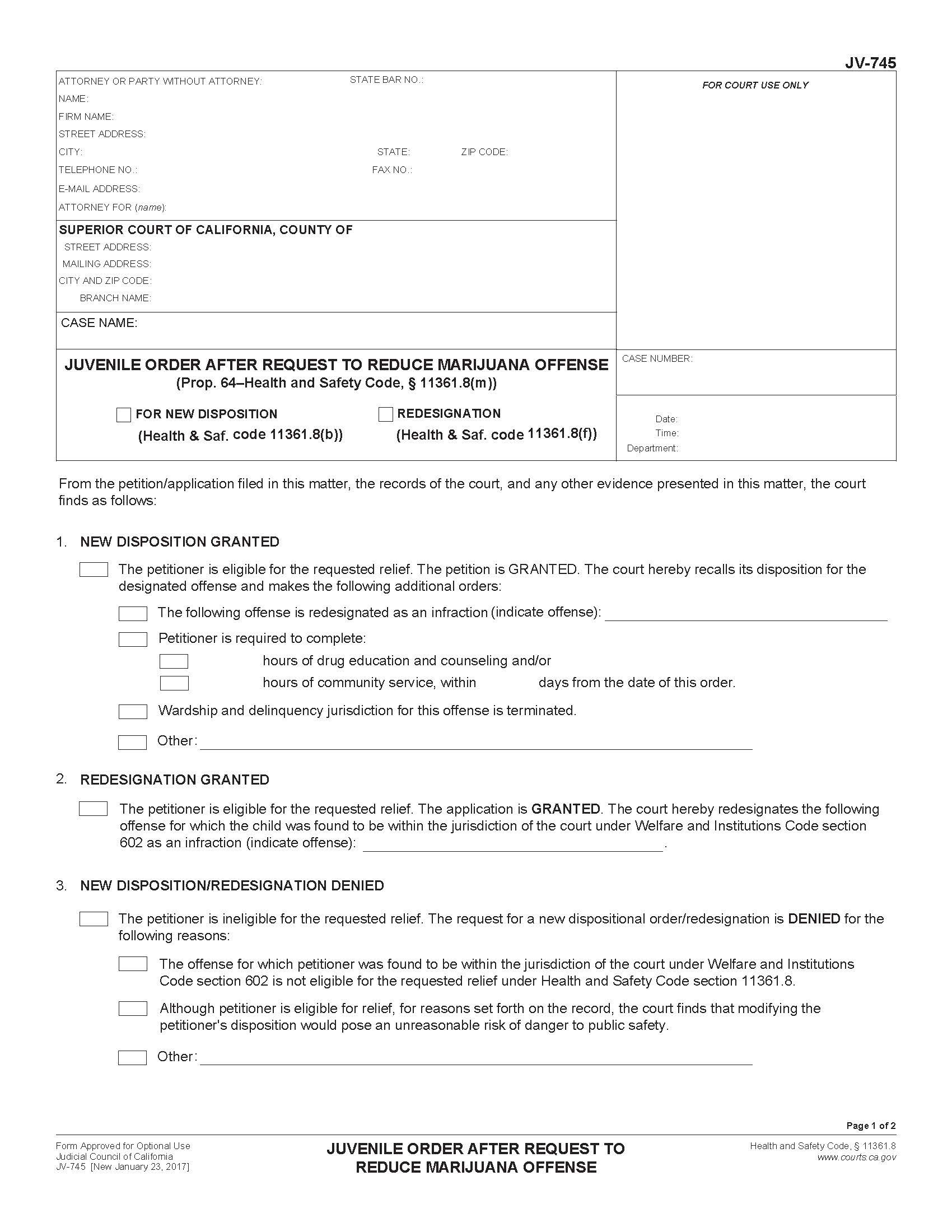 Juvenile Order After Request To Reduce Marijuana Offense {JV-745} | Pdf Fpdf Doc Docx | California