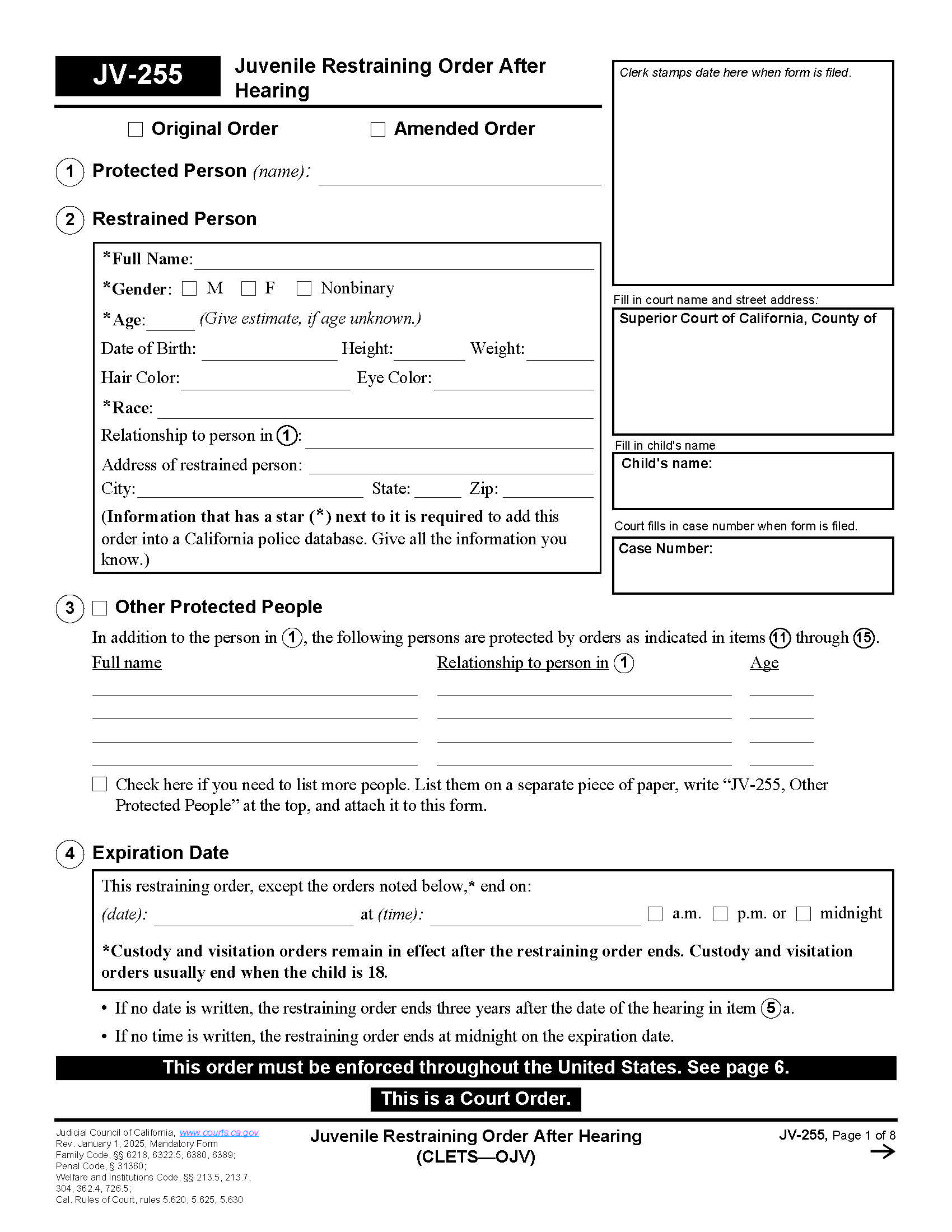 Juvenile Restraining Order After Hearing (CLETS-OJV) {JV-255} | Pdf Fpdf Docx | California