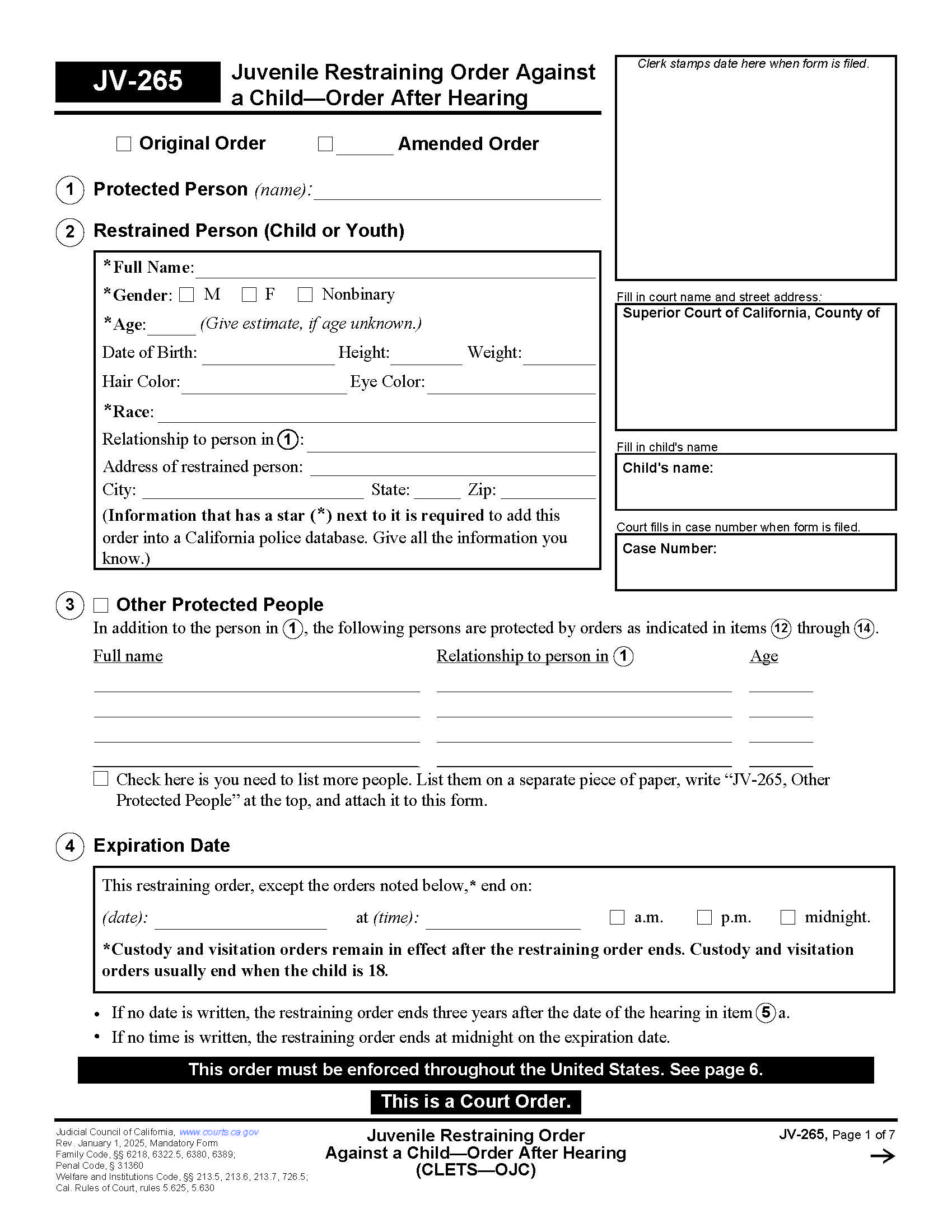 Juvenile Restraining Order Against A Child-Order After Hearing (CLETS-OJC) {JV-265} | Pdf Fpdf Docx | California