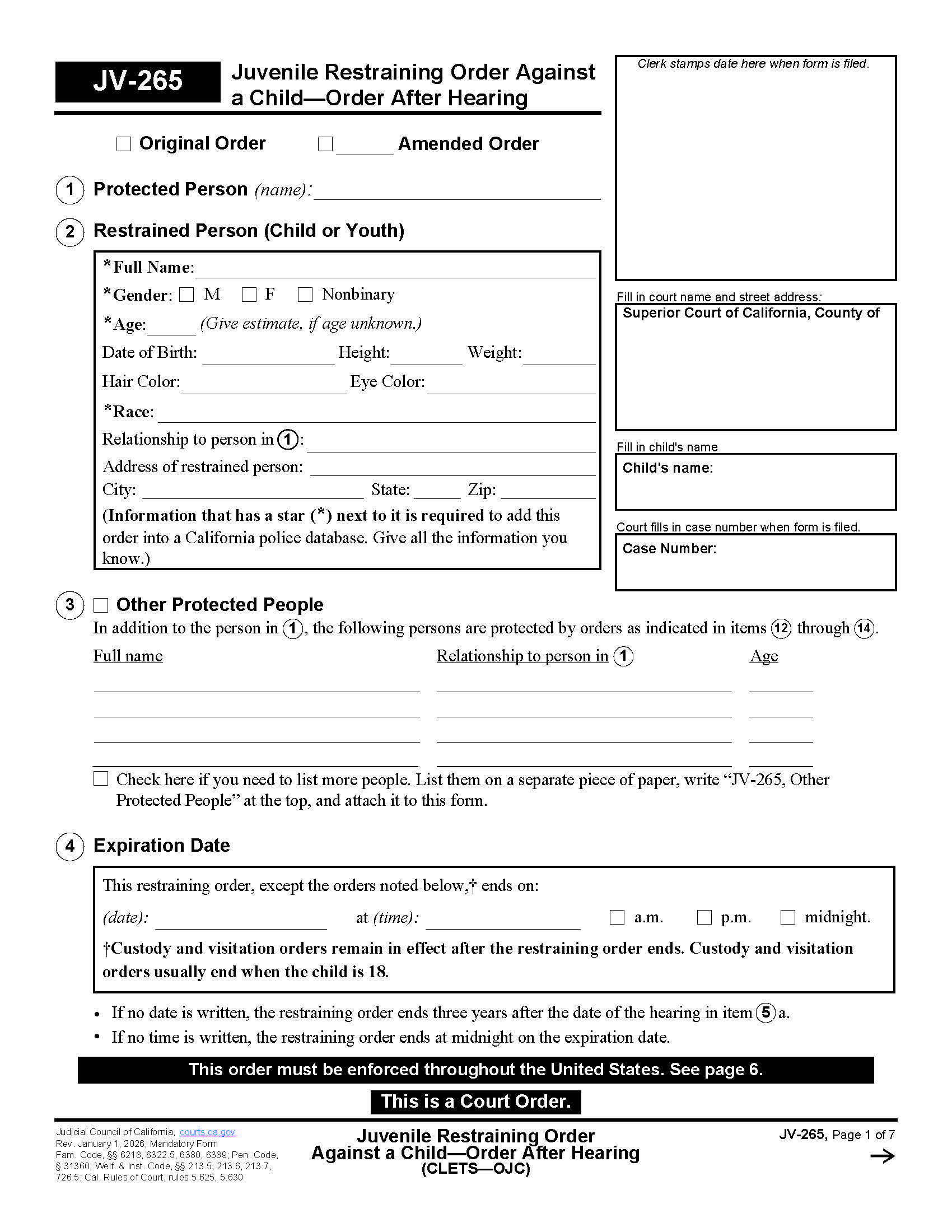 Juvenile Restraining Order Against A Child-Order After Hearing (CLETS-OJC) {JV-265} | Pdf Fpdf Docx | California