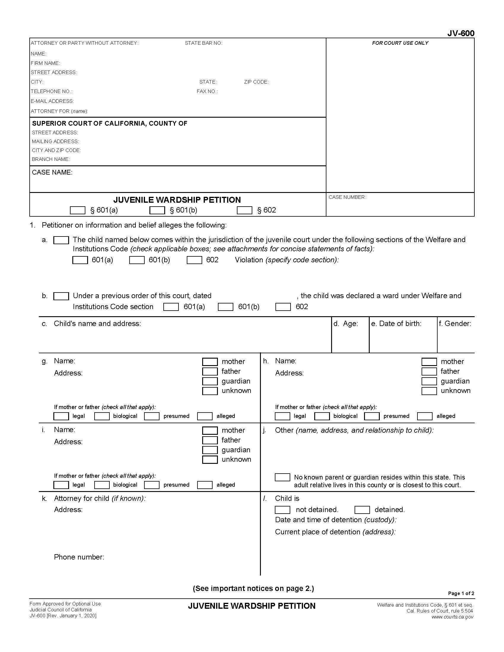 Juvenile Wardship Petition {JV-600} | Pdf Fpdf Docx | California