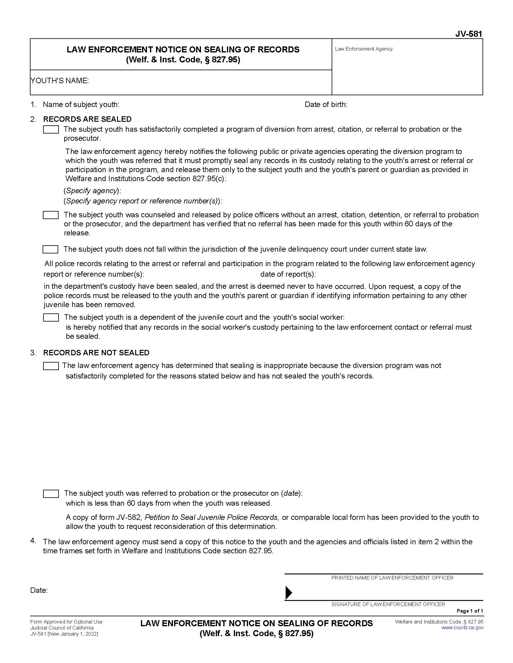 Law Enforcement Notice On Sealing Of Records {JV-581} | Pdf Fpdf Docx | California