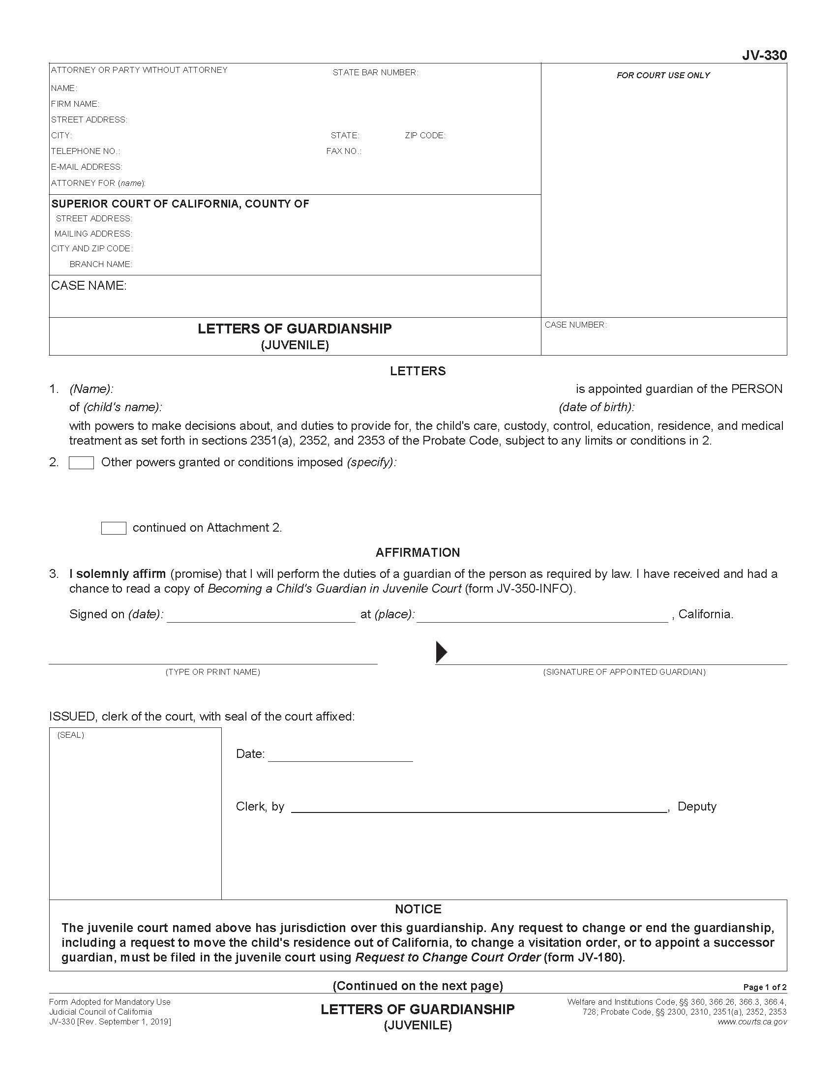 Letters Of Guardianship (Juvenile) {JV-330} | Pdf Fpdf Docx | California