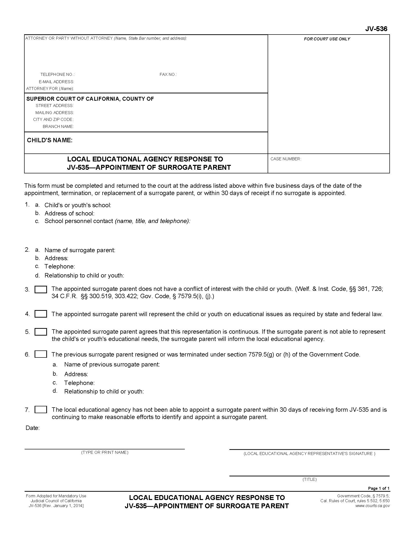 Local Educational Agency Response To JV-535-Appointment Of Surrogate Parent {JV-536} | Pdf Fpdf Doc Docx | California