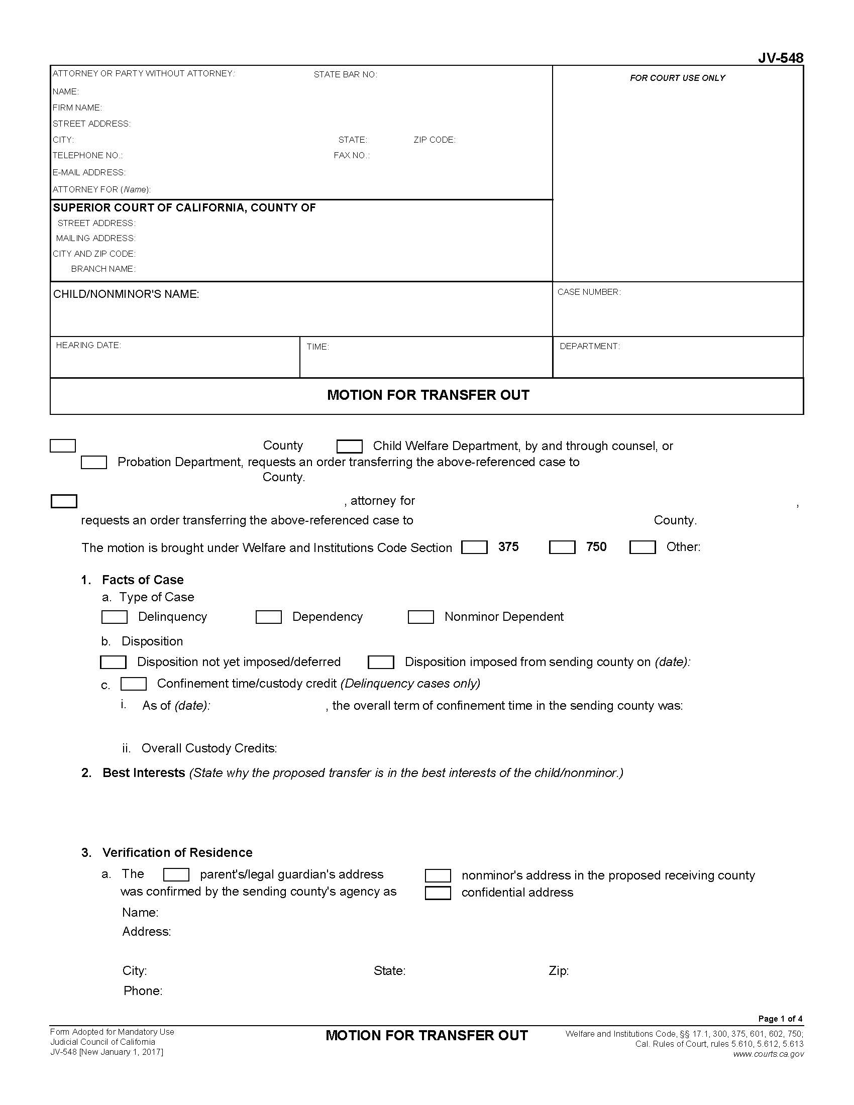 Motion To Transfer Out {JV-548} | Pdf Fpdf Doc Docx | California