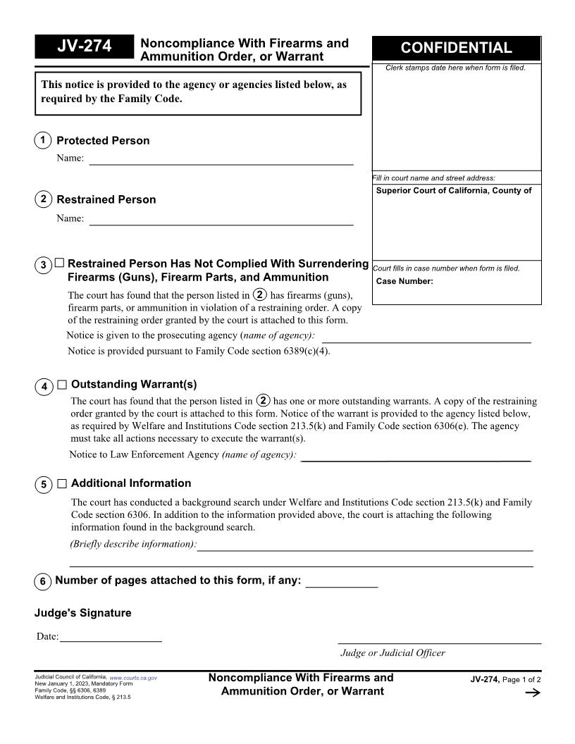 Noncompliance With Firearms And Ammunition Order Or Warrant {JV-274} | Pdf Fpdf Docx | California