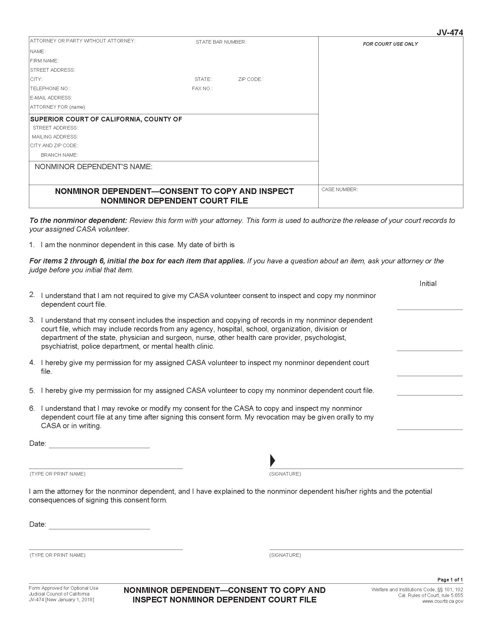 Nonminor Dependent-Consent To Copy And Inspect Nonminor Dependents Court File {JV-474} | Pdf Fpdf Docx | California