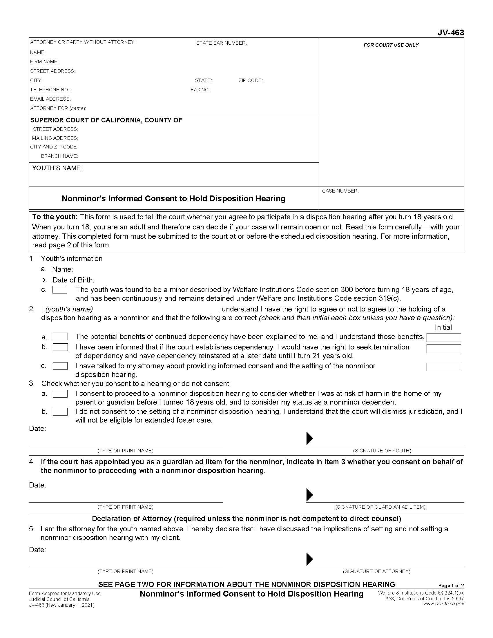 Nonminors Informed Consent To Hold Disposition Hearing {JV-463} | Pdf Fpdf Docx | California