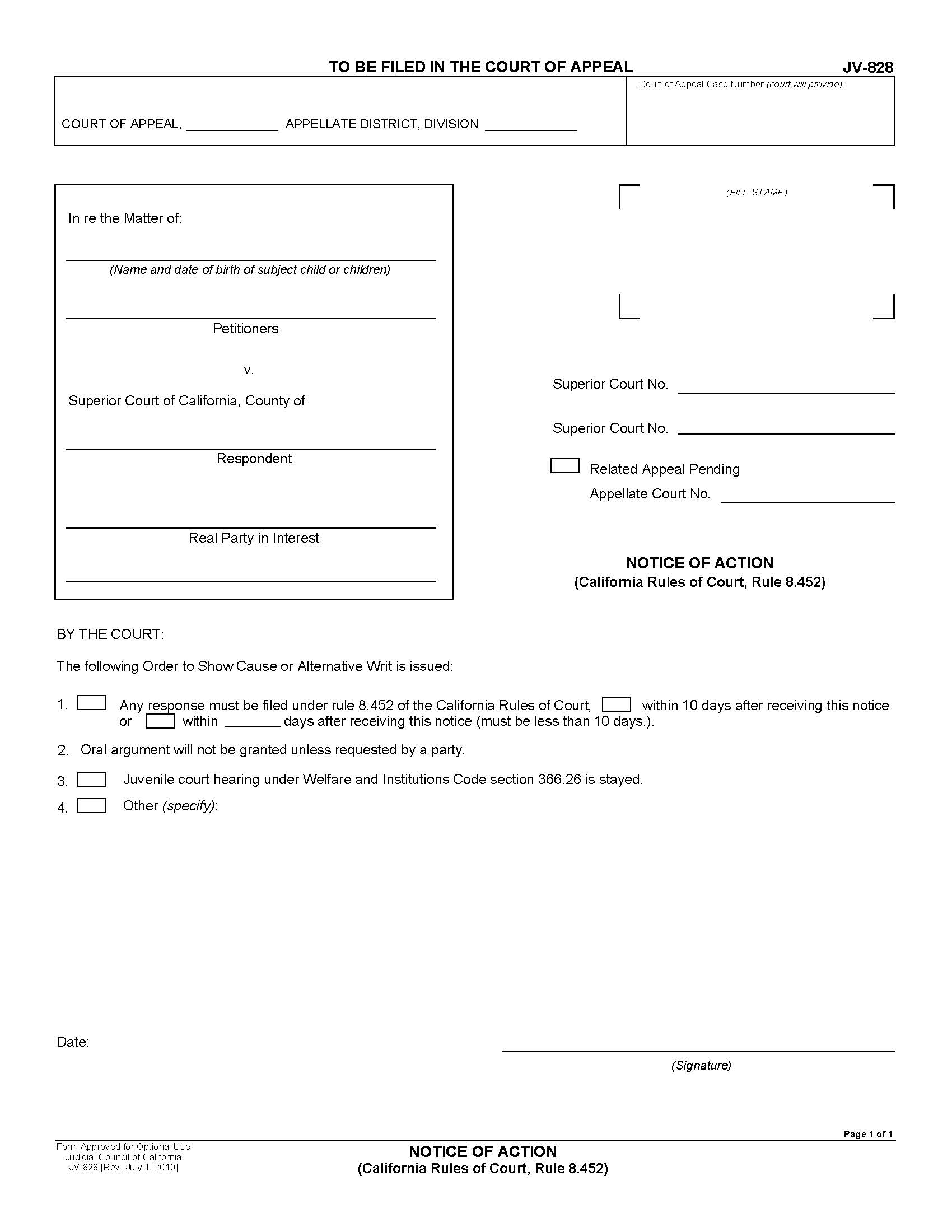 Notice Of Action (Cal. Rules Of Court Rule 8.452) {JV-828} | Pdf Fpdf Doc Docx | California