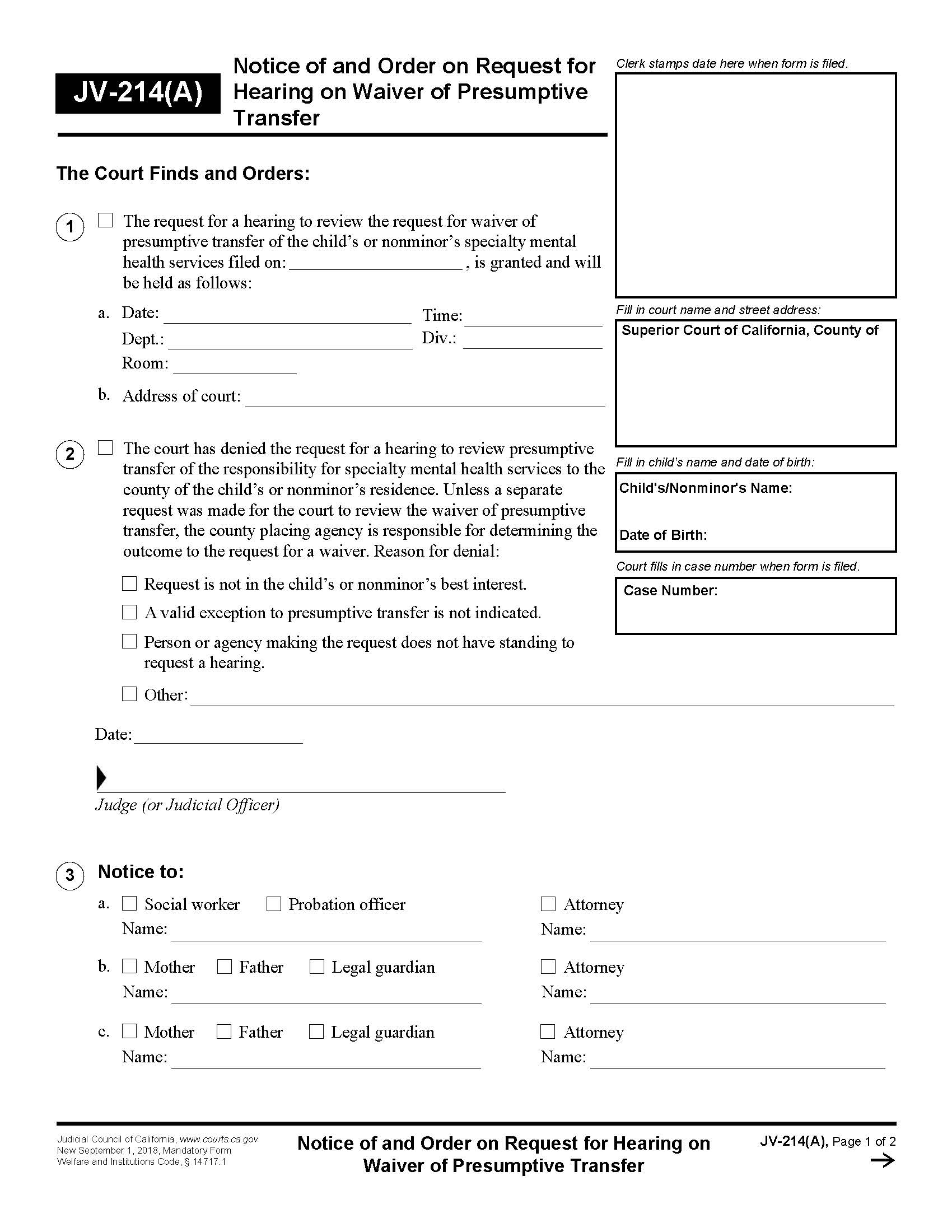 Notice Of And Order On Request For Hearing On Waiver {JV-214(A)} | Pdf Fpdf Docx | California