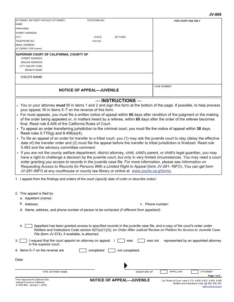 Notice Of Appeal-Juvenile {JV-800} | Pdf Fpdf Doc Docx | California