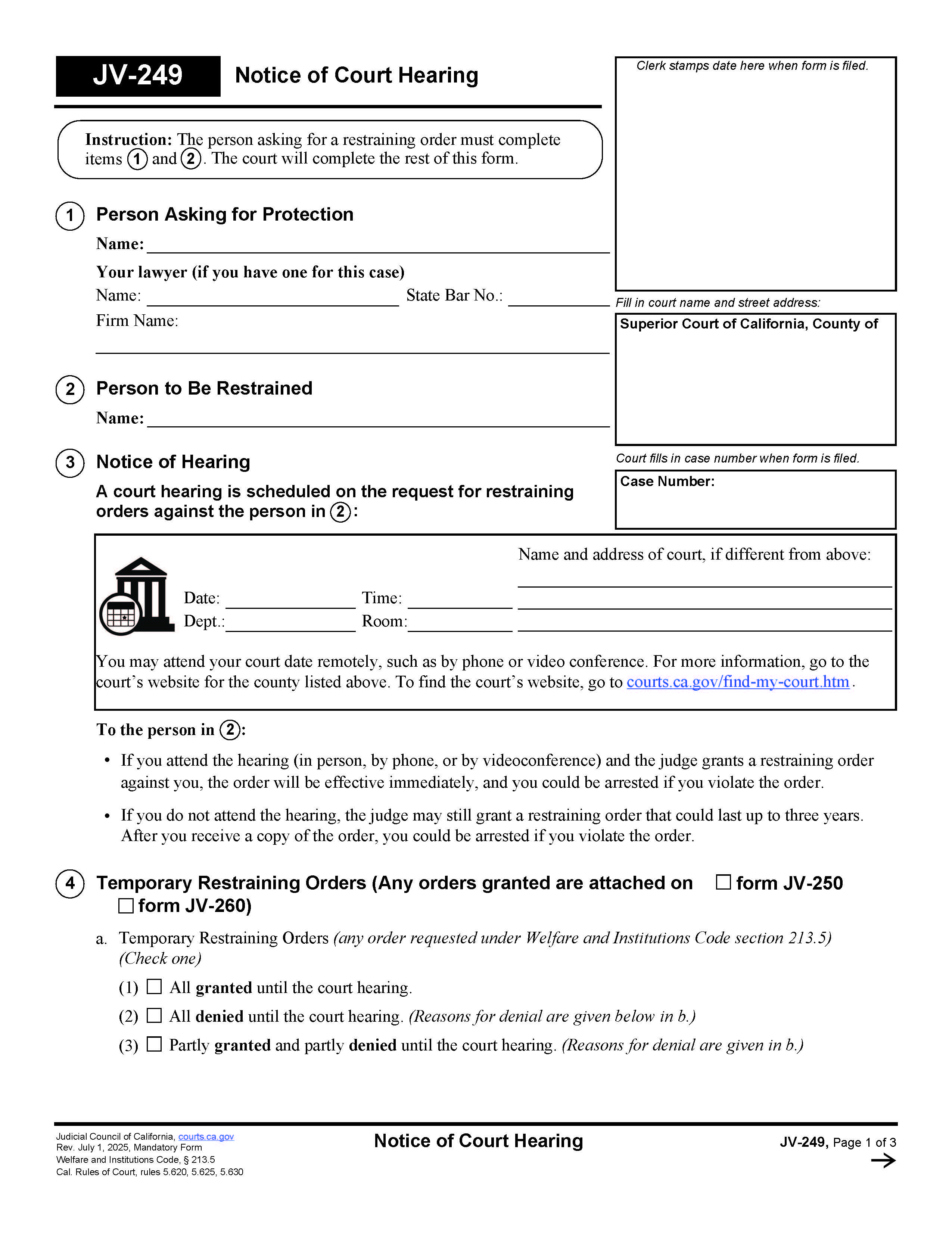 Notice Of Court Hearing {JV-249} | Pdf Fpdf Docx | California