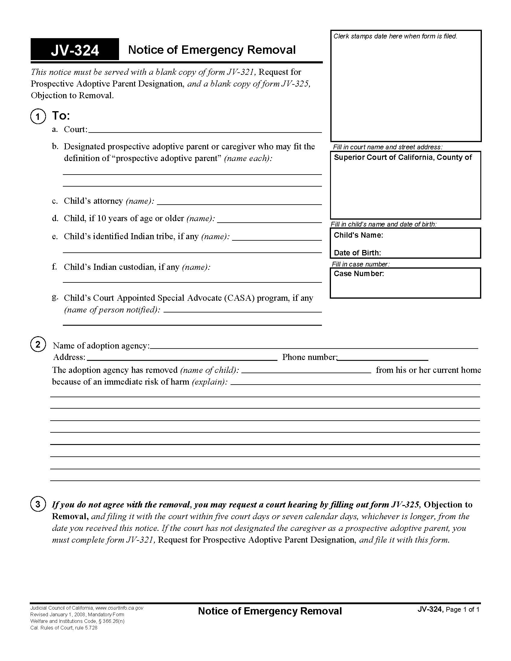 Notice Of Emergency Removal {JV-324} | Pdf Fpdf Doc Docx | California