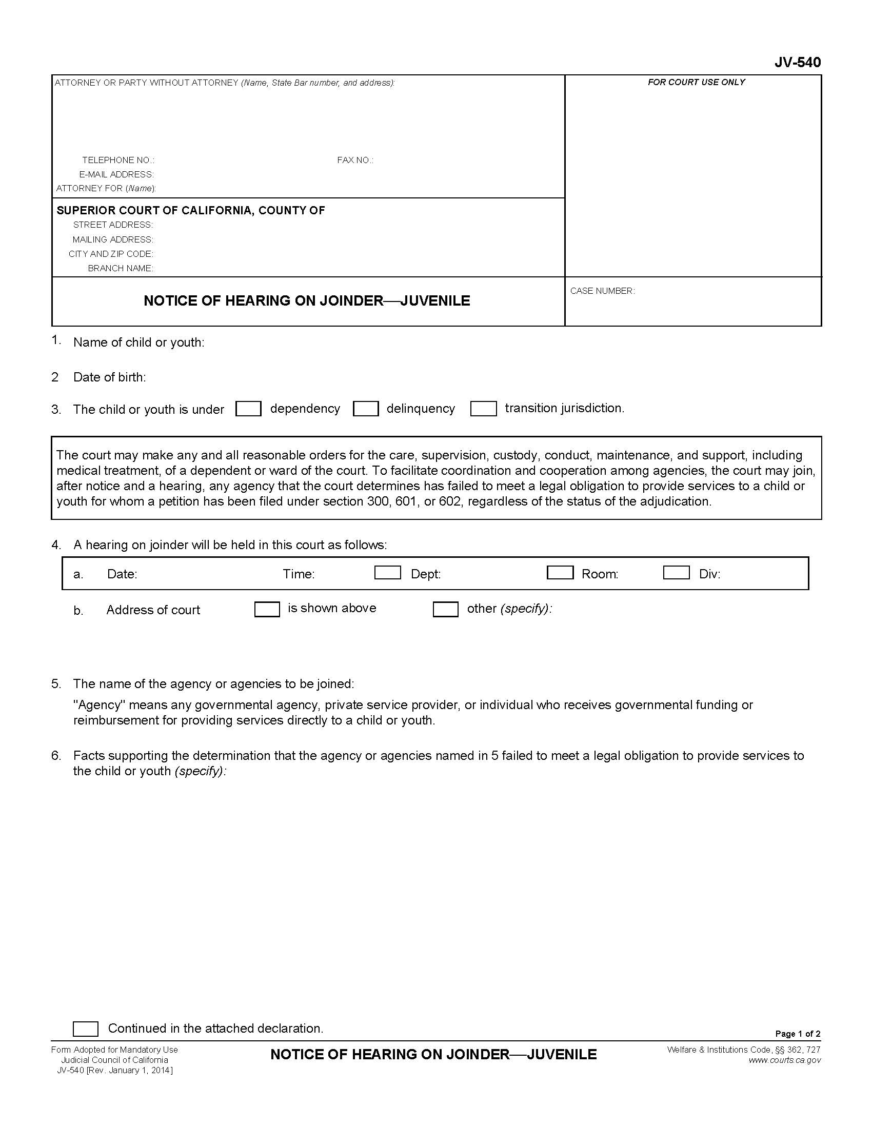 Notice Of Hearing On Joinder (Juvenile) {JV-540} | Pdf Fpdf Doc Docx | California