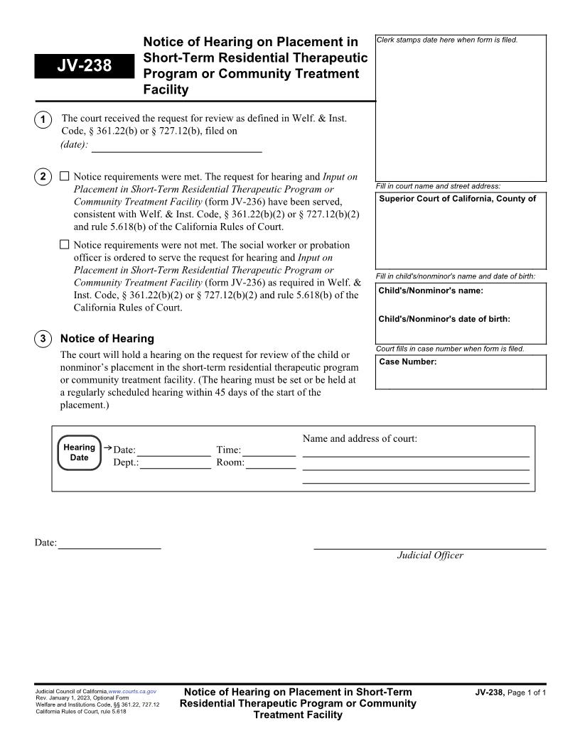 Notice Of Hearing On Placement In Short-Term Residential Therapeutic Program {JV-238} | Pdf Fpdf Docx | California
