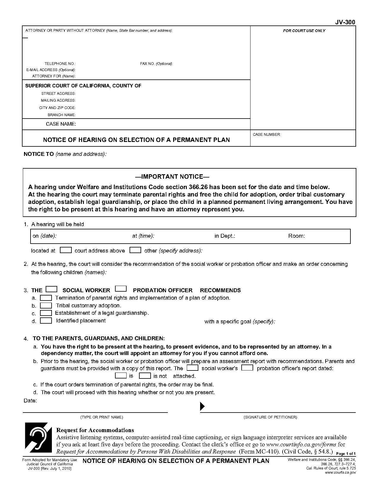 Notice Of Hearing On Selection Of A Permanent Plan {JV-300} | Pdf Fpdf Doc Docx | California