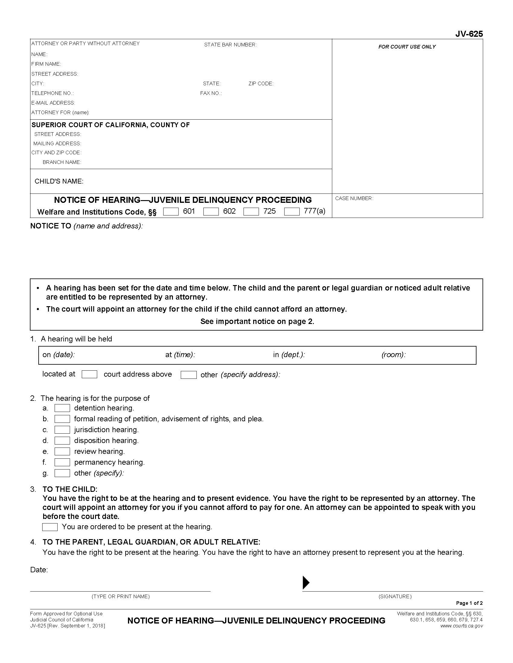 Notice Of Hearing-Juvenile Delinquency Proceeding {JV-625} | Pdf Fpdf Docx | California