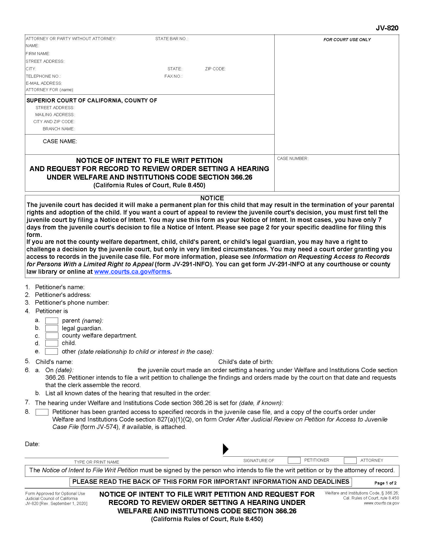 Notice Of Intent To File Writ Petition And Request For Record {JV-820} | Pdf Fpdf Doc Docx | California