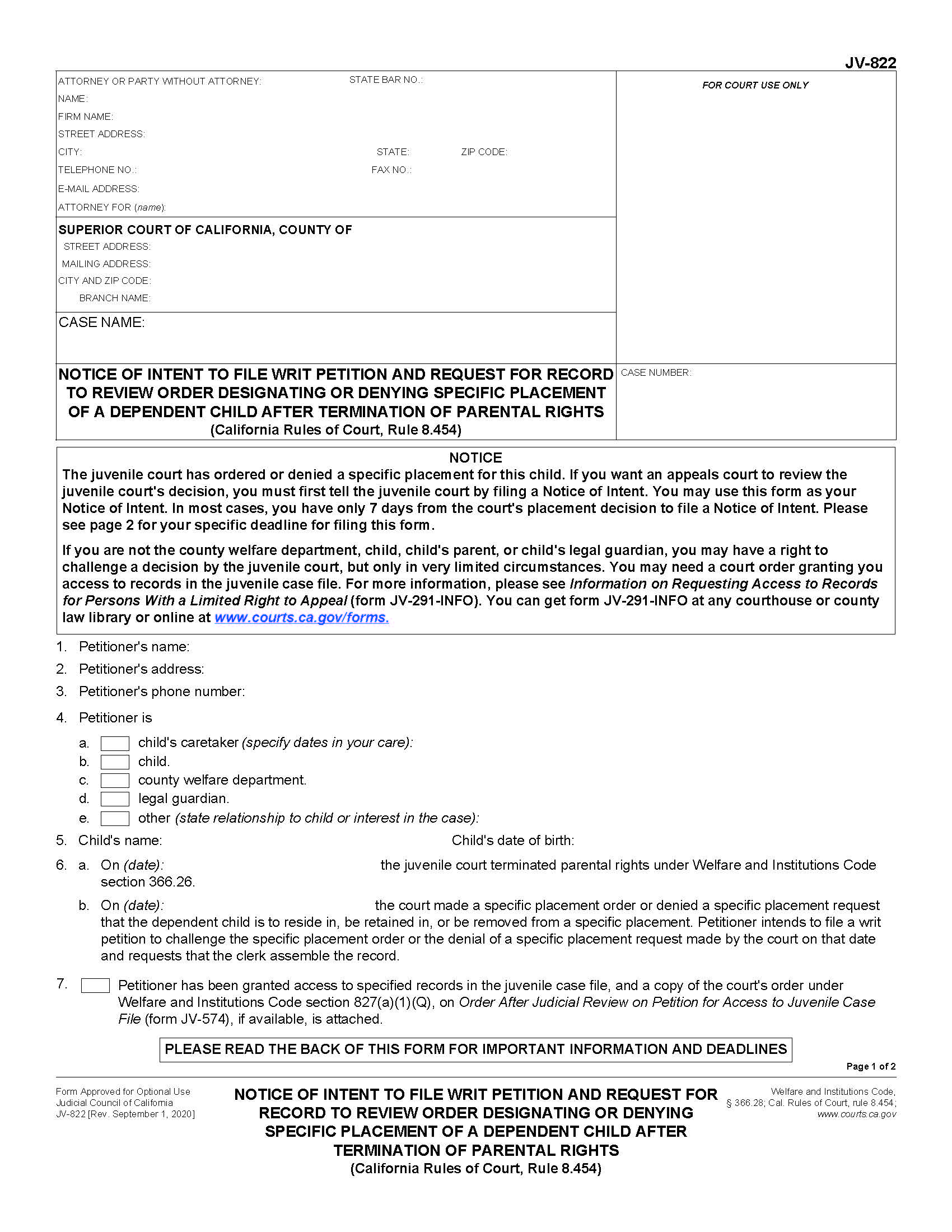 Notice Of Intent To File Writ Petition And Request For Record {JV-822} | Pdf Fpdf Doc Docx | California
