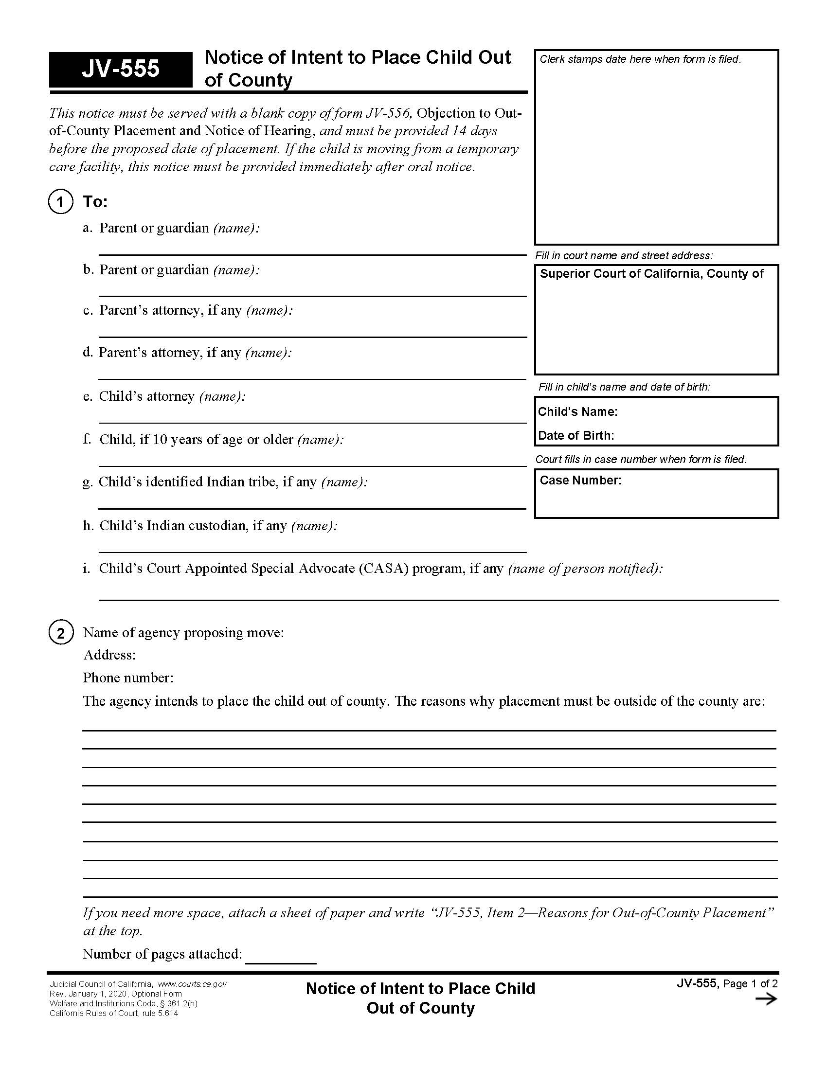 Notice Of Intent To Place Child Out Of Country {JV-555} | Pdf Fpdf Docx | California