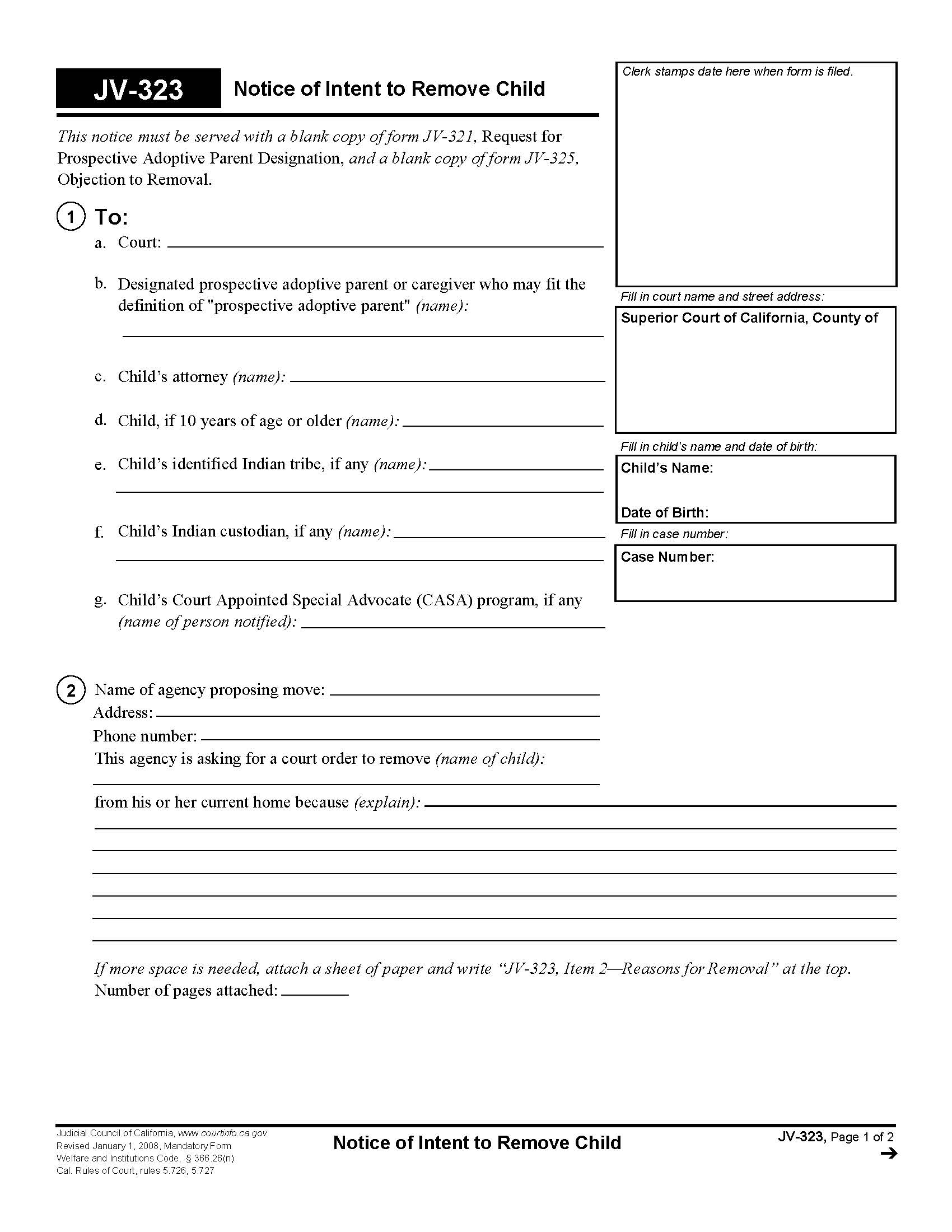 Notice Of Intent To Remove Child {JV-323} | Pdf Fpdf Doc Docx | California