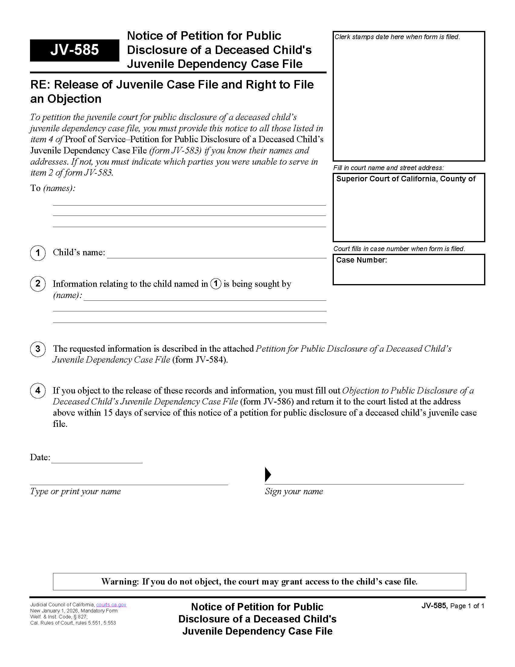 Notice Of Petition For Public Disclosure Of A Deceased Childs-File {JV-585} | Pdf Fpdf Docx | California