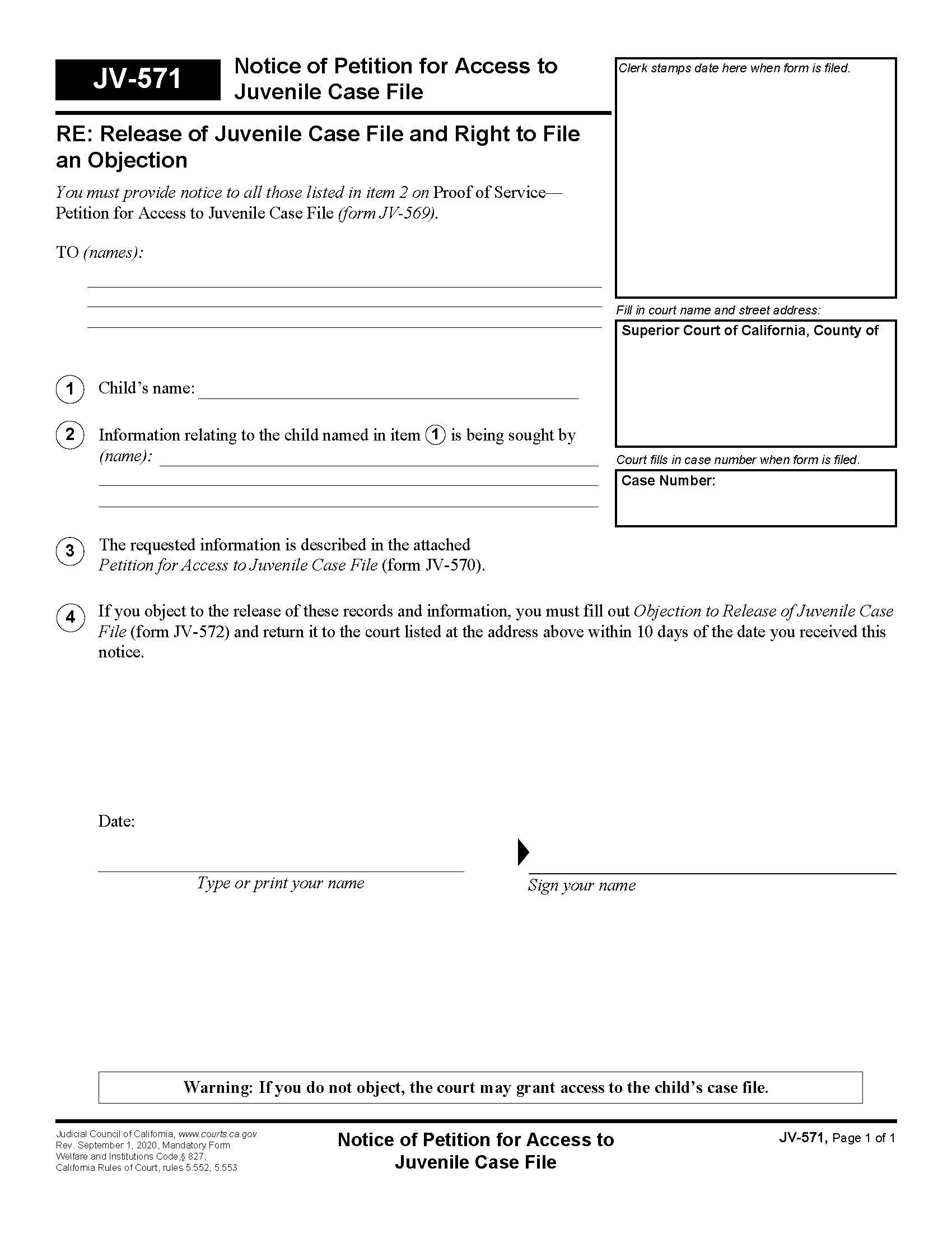 Notice Of Petition To Access To Juvenile Case File {JV-571} | Pdf Fpdf Doc Docx | California