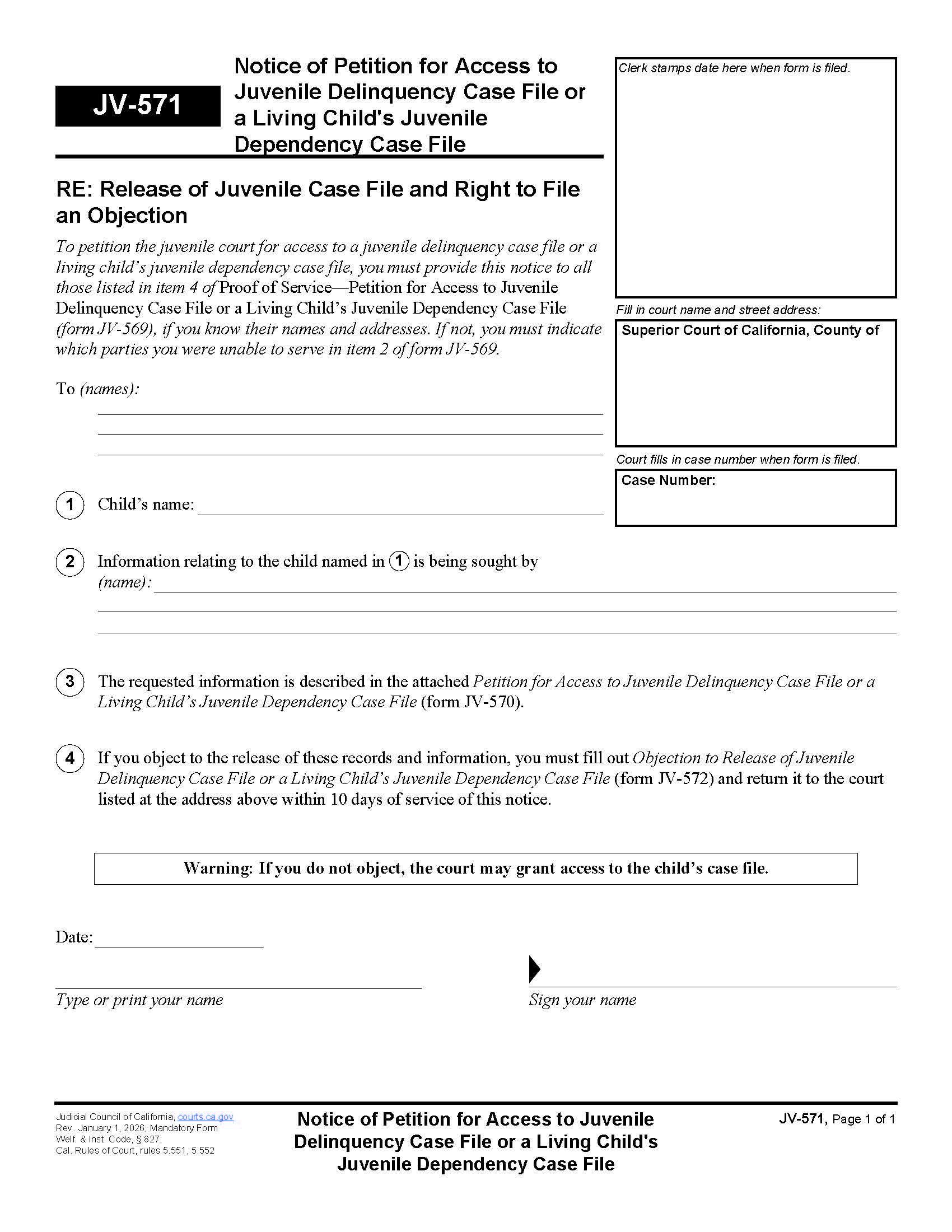 Notice Of Petition To Access To Juvenile Case File {JV-571} | Pdf Fpdf Doc Docx | California