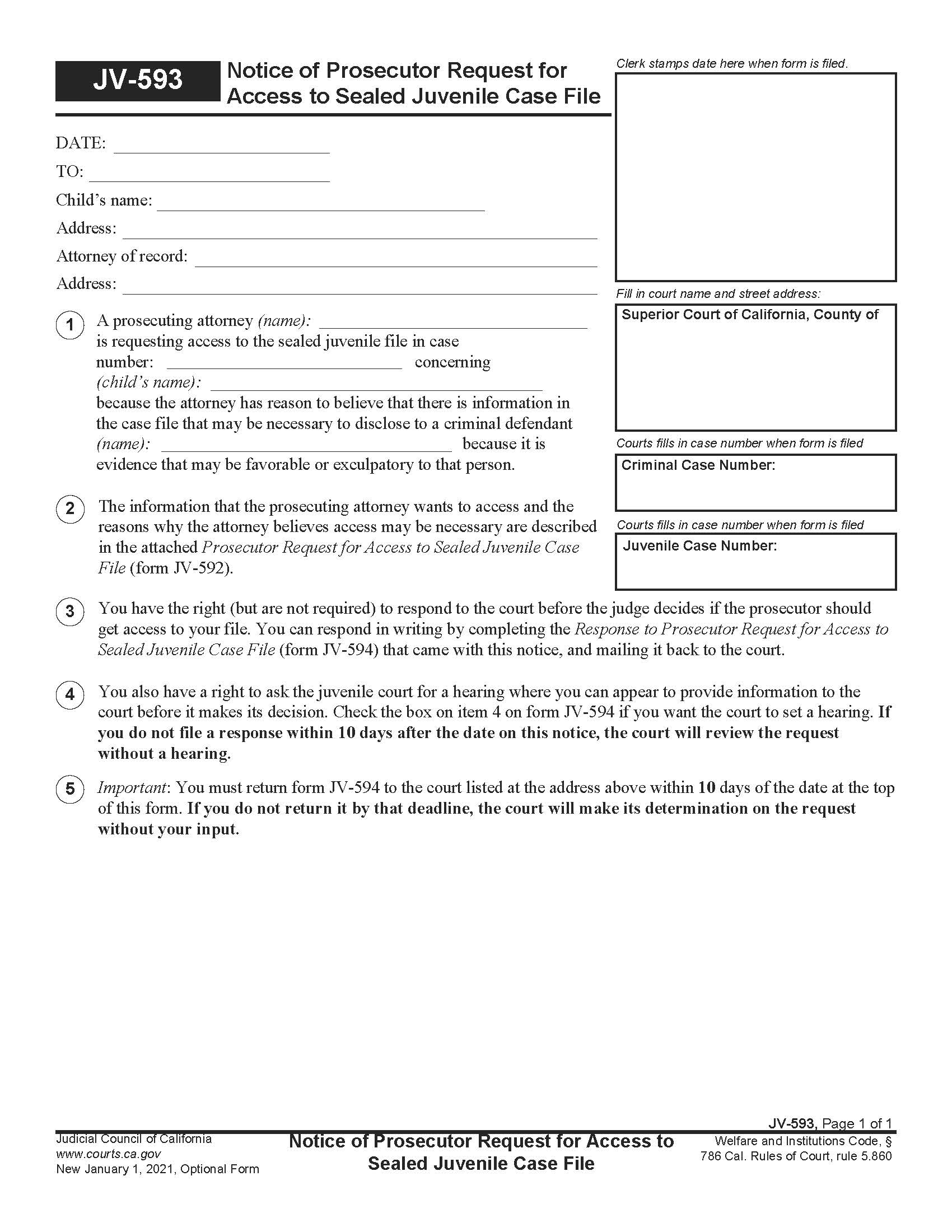 Notice Of Prosecutor Request For Access To Sealed Juvenile Case File {JV-593} | Pdf Fpdf Docx | California