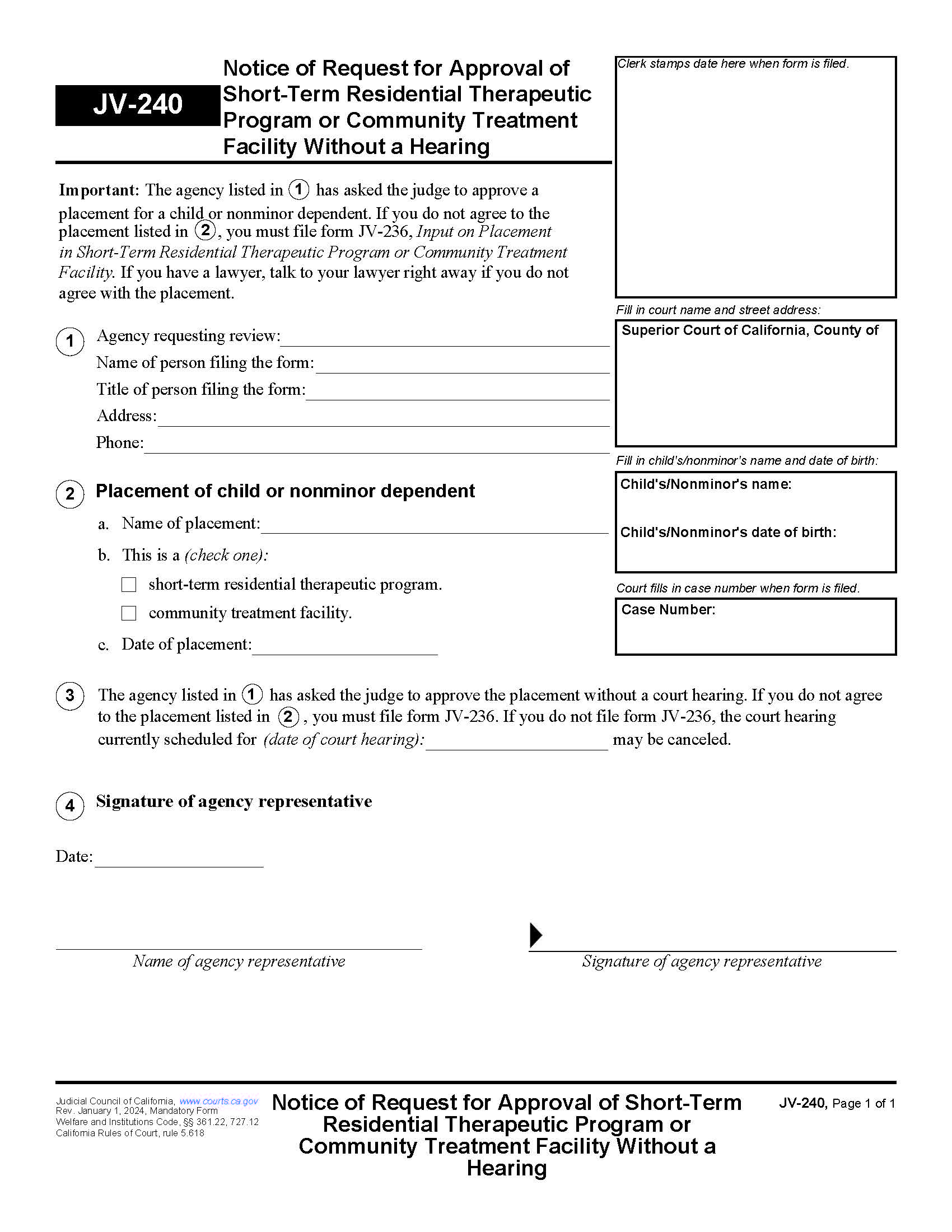 Notice Of Request For Approval Of Short-Term Residential Therapeutic Program {JV-240} | Pdf Fpdf Docx | California