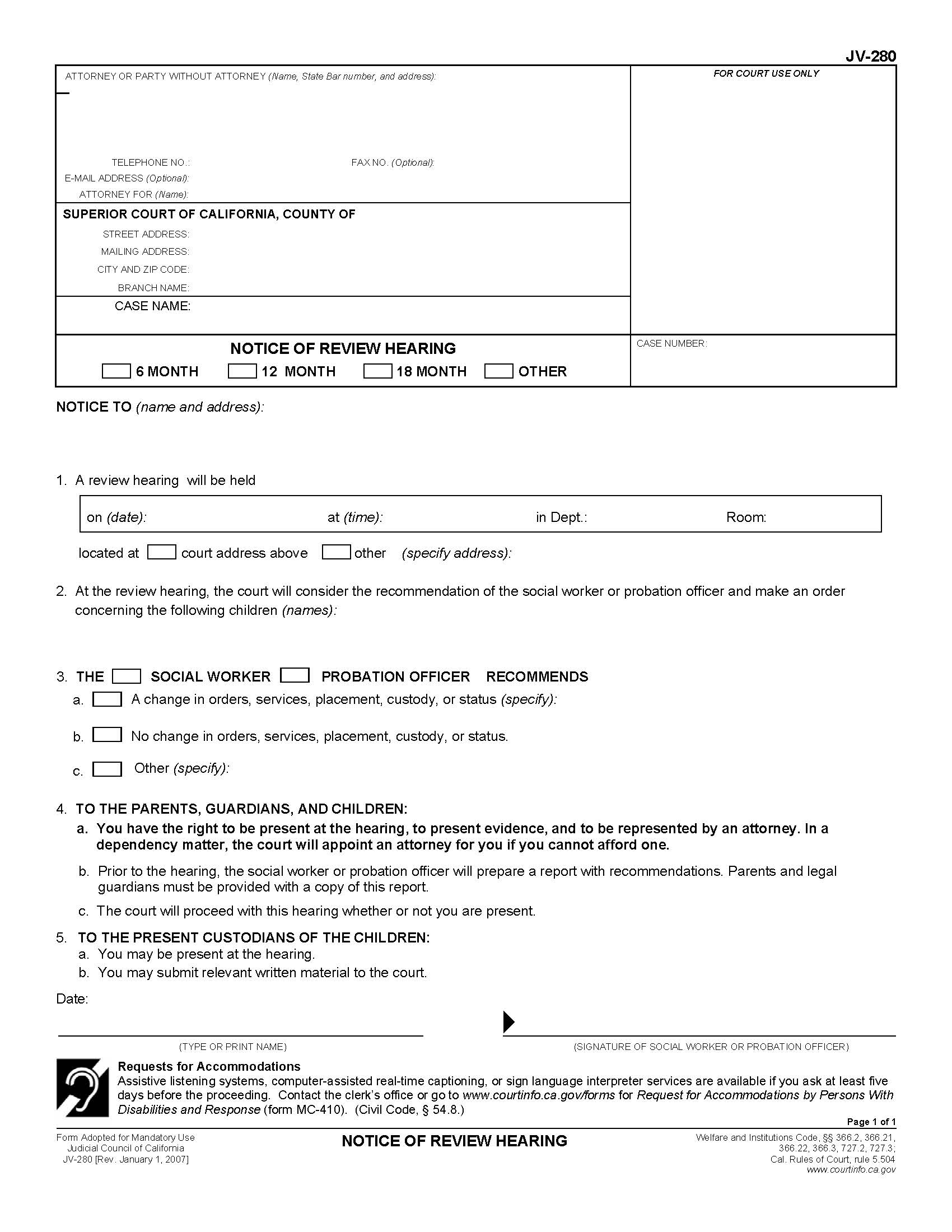 Notice Of Review Hearing-Juvenile {JV-280} | Pdf Fpdf Doc Docx | California