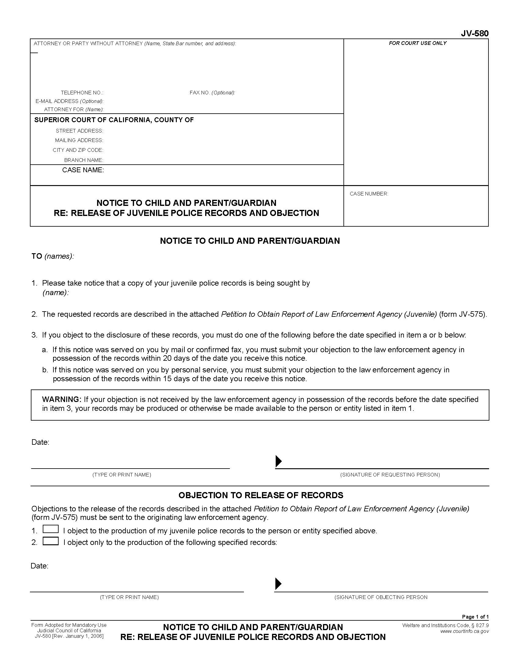 Notice To Child And Parent Guardian Re Release Of Juvenile Police Records And Objection (Juvenile) {JV-580} | Pdf Fpdf Doc Docx | California