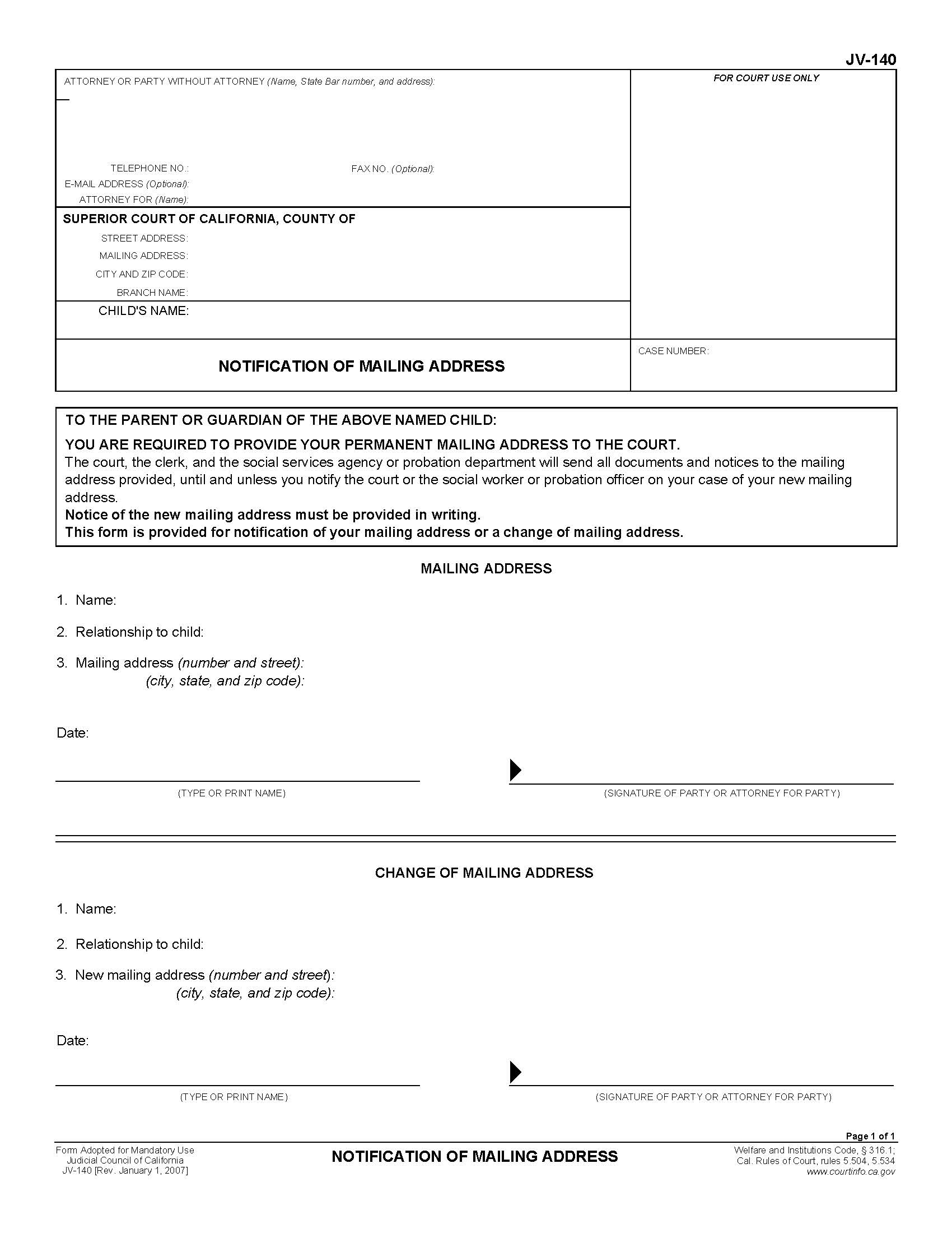 Notification Of Mailing Address Welfare And Institutions Code 316.1 {JV-140} | Pdf Fpdf Doc Docx | California