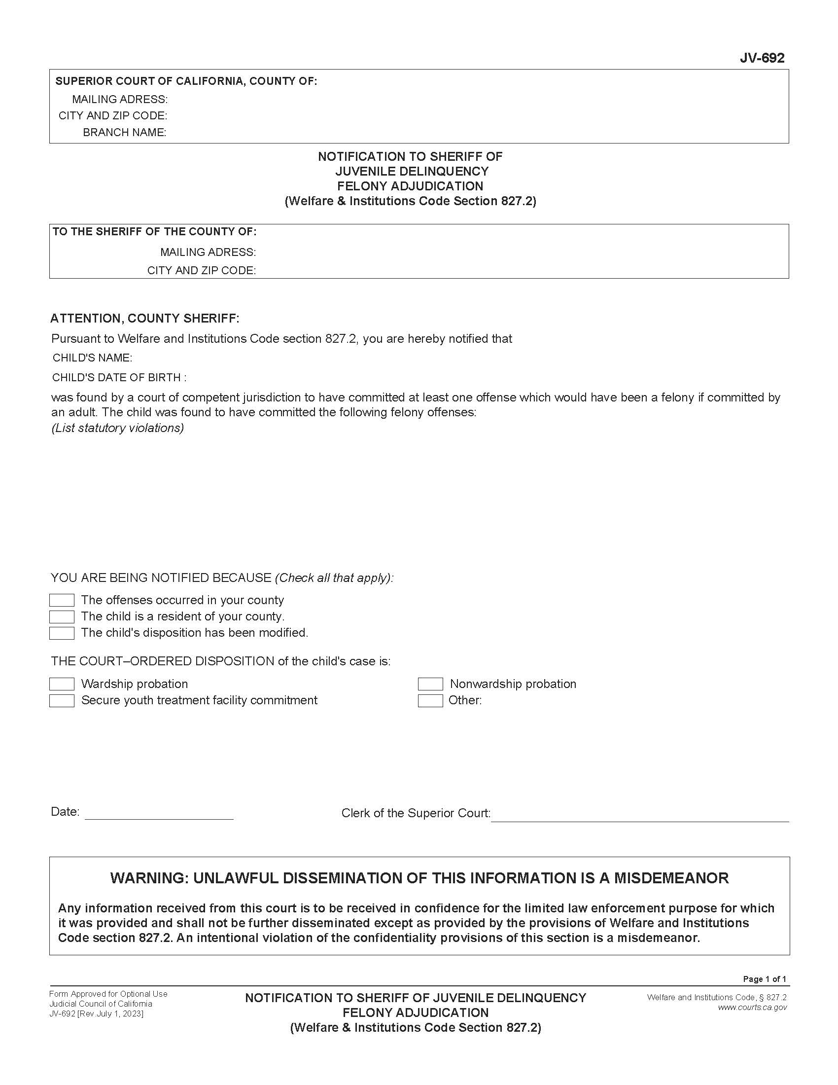Notification To Sheriff Of Juvenile Delinquency Felony Adjudication {JV-692} | Pdf Fpdf Doc Docx | California