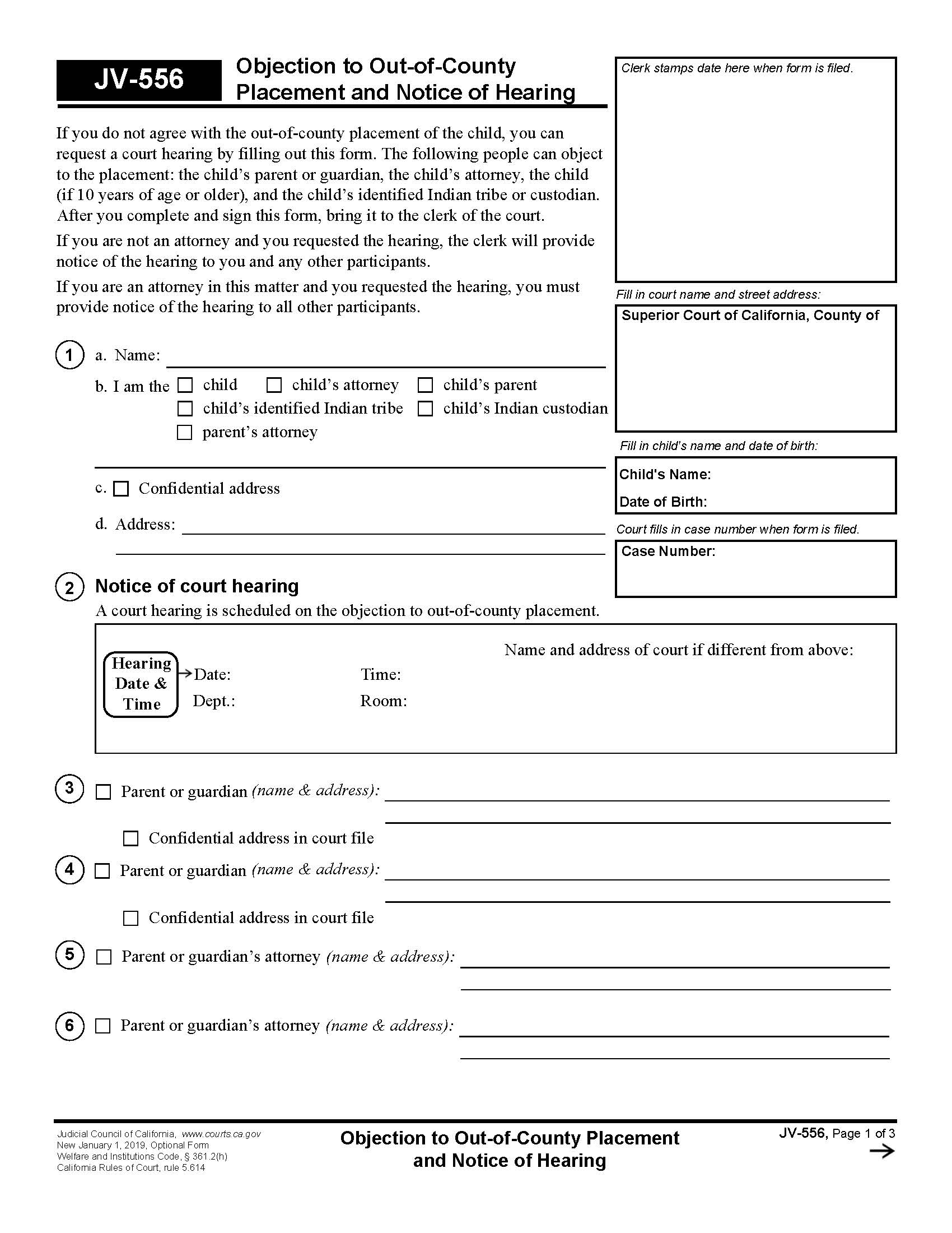 Objection To Out-Of-Country Placement And Notice Of Hearing {JV-556} | Pdf Fpdf Docx | California