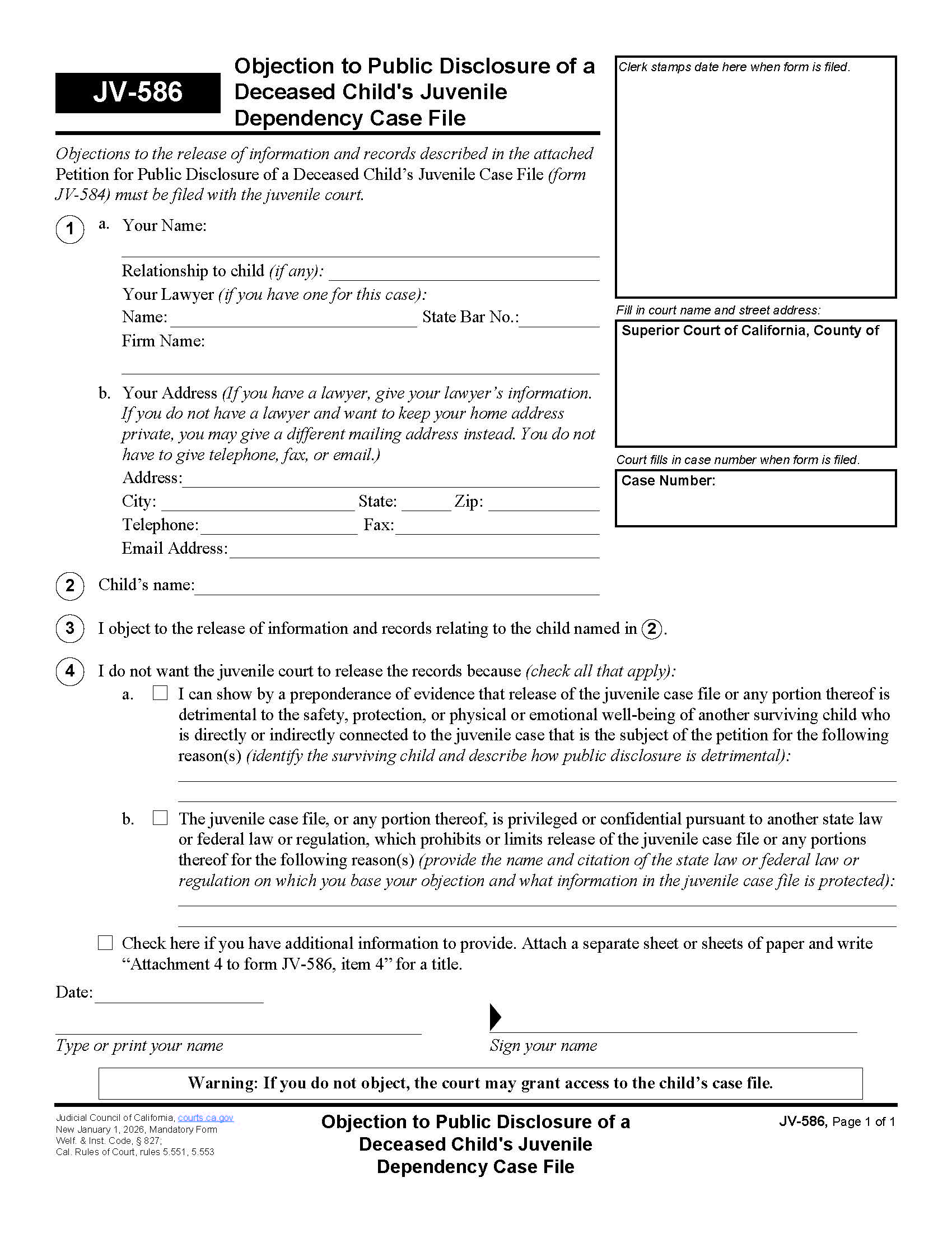 Objection To Public Disclosure Of A Deceased Childs Juvenile Dependency Case File {JV-586} | Pdf Fpdf Docx | California