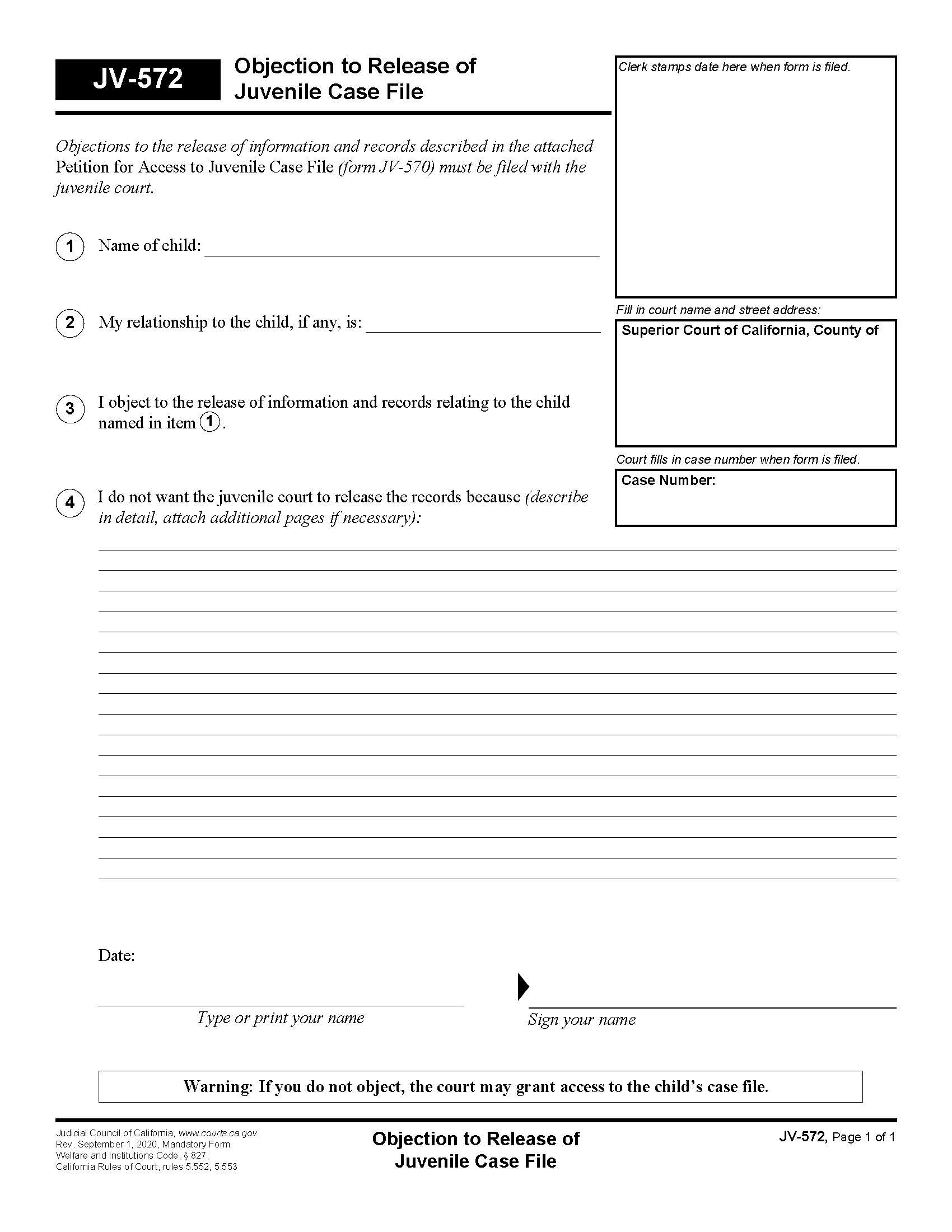 Objection To Release Of Juvenile Case File {JV-572} | Pdf Fpdf Doc Docx | California