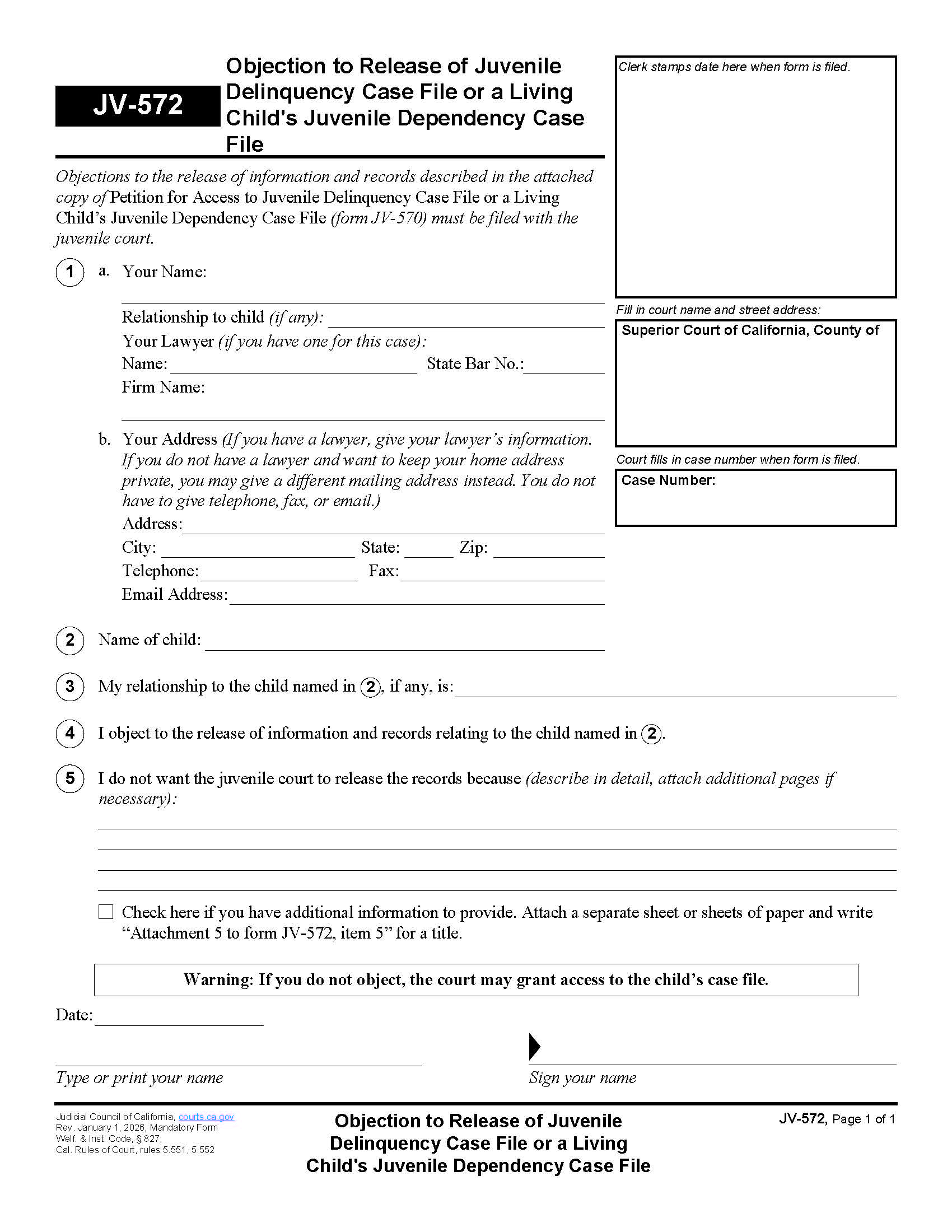 Objection To Release Of Juvenile Case File {JV-572} | Pdf Fpdf Doc Docx | California